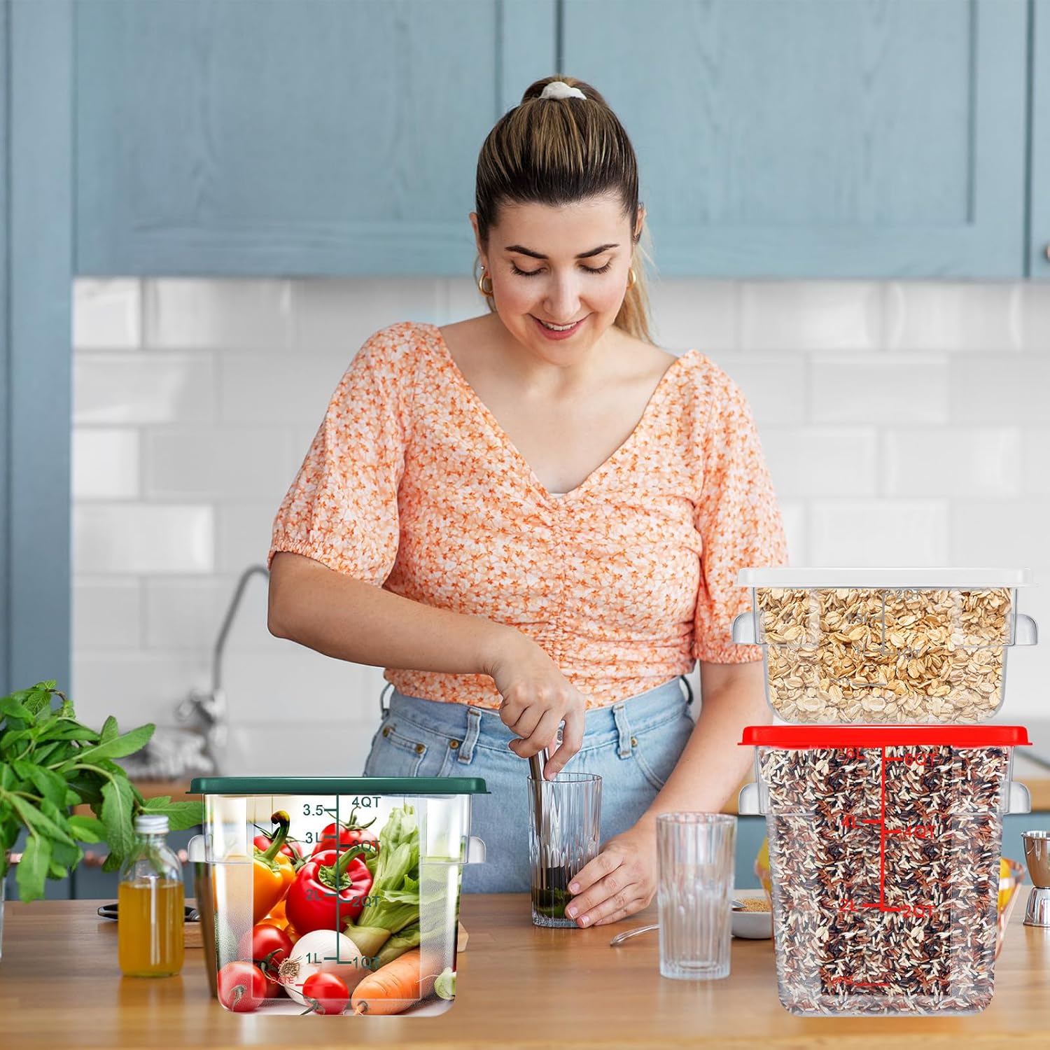 Contenedor de almacenamiento de alimentos con tapas, juego de 2 cuartos de galón, 4 cuartos de galón, 6 cuartos de galón, cuadrados transparentes