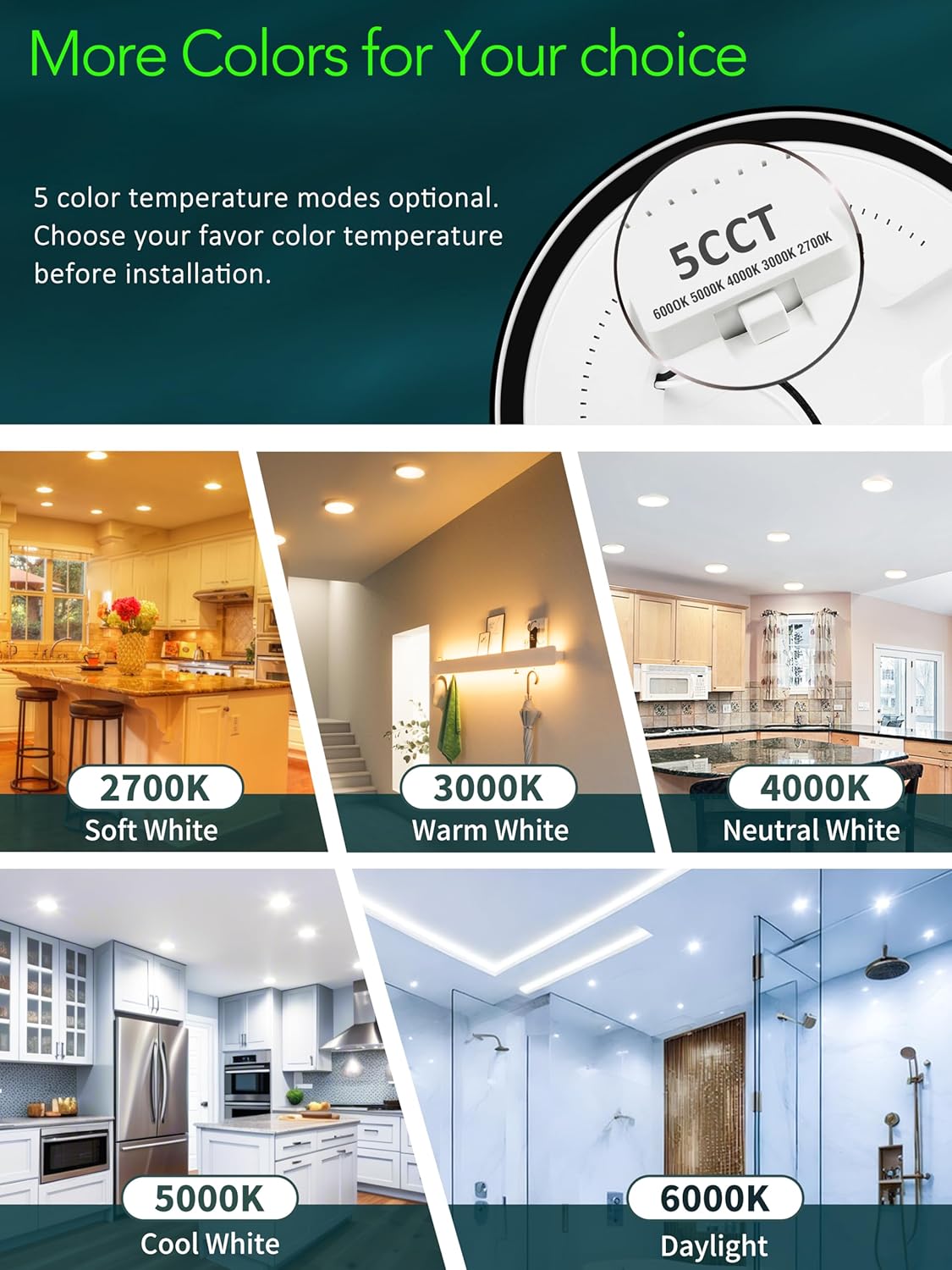 Lámpara LED de techo empotrada, regulable 5CCT seleccionable 2700K3000K4000K5000K6000K, 7 pulgadas, 15 W, accesorio de iluminación redondo ultrafino