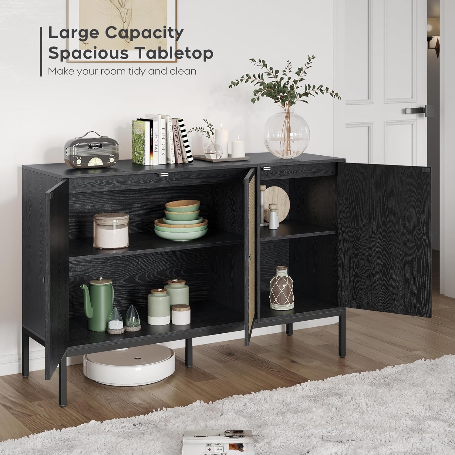 Brafab Mueble de ratán para almacenamiento, mesa de buffet, consola para sala de estar, entrada, cocina, comedor, 3 puertas, color negro