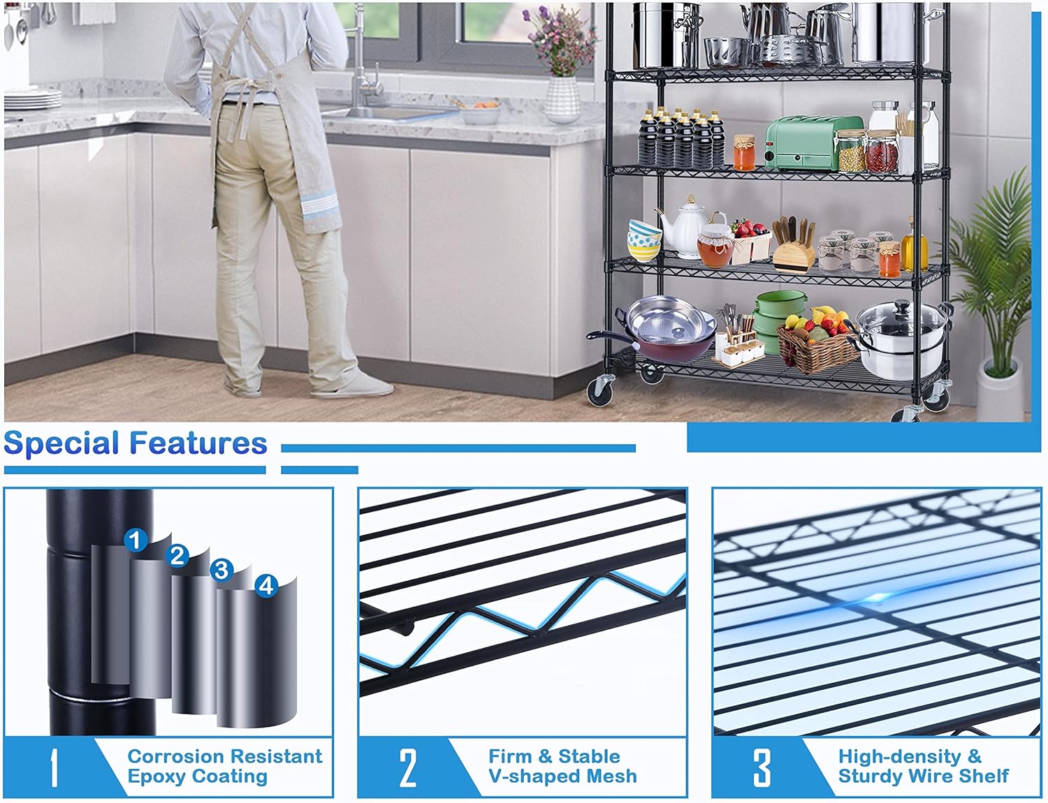 Estantes de almacenamiento de 6 niveles, 2100 libras de capacidad, estante de metal resistente con ruedas, certificado NSF de grado comercial,
