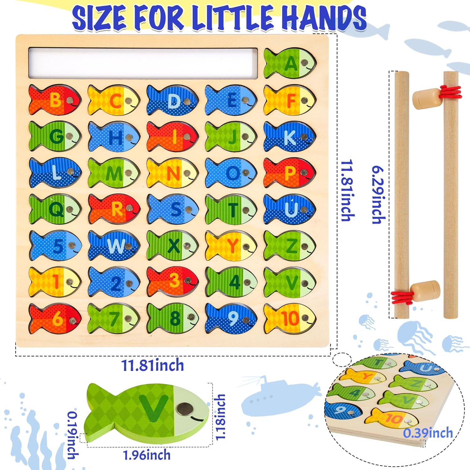 Juego de pesca magnética de madera, rompecabezas Montessori preescolar del alfabeto ABC aprendizaje juguetes educativos con tarjetas de palabras,