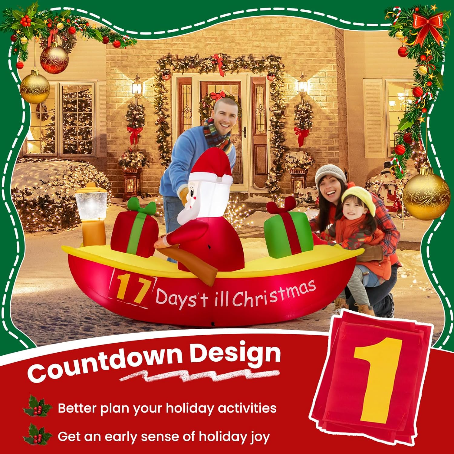 Tangkula Barco inflable de remo de Papá Noel de 7 pies con luz de navegación, cuenta regresiva para Navidad, decoración iluminada al aire libre con