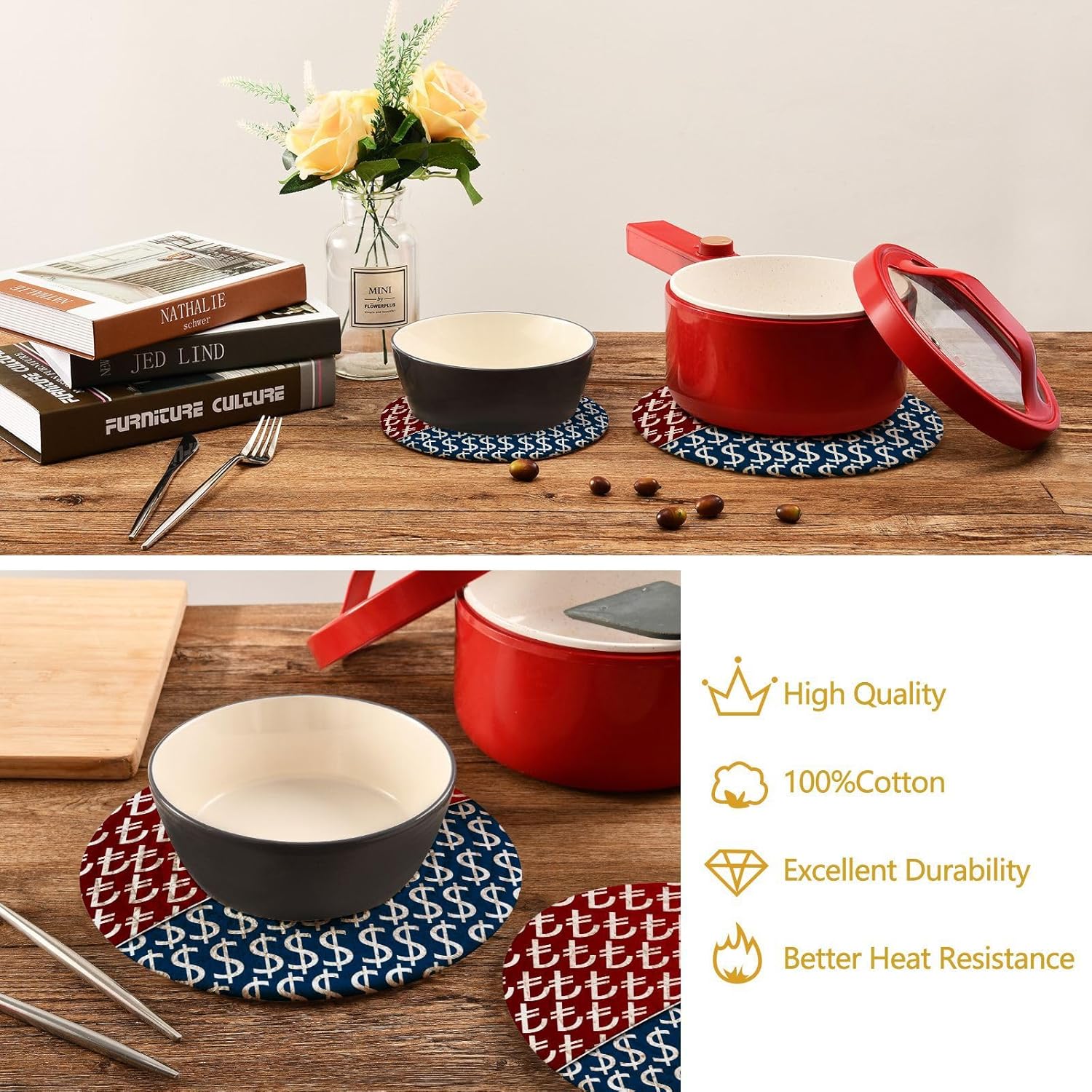 Us Dollar Trivet Pot Holder Turkish Lira Round Woven Potholders Set Kitchen Placemats 2PCS Cotton Rope Table Hot Pads Stylish Coasters Heat