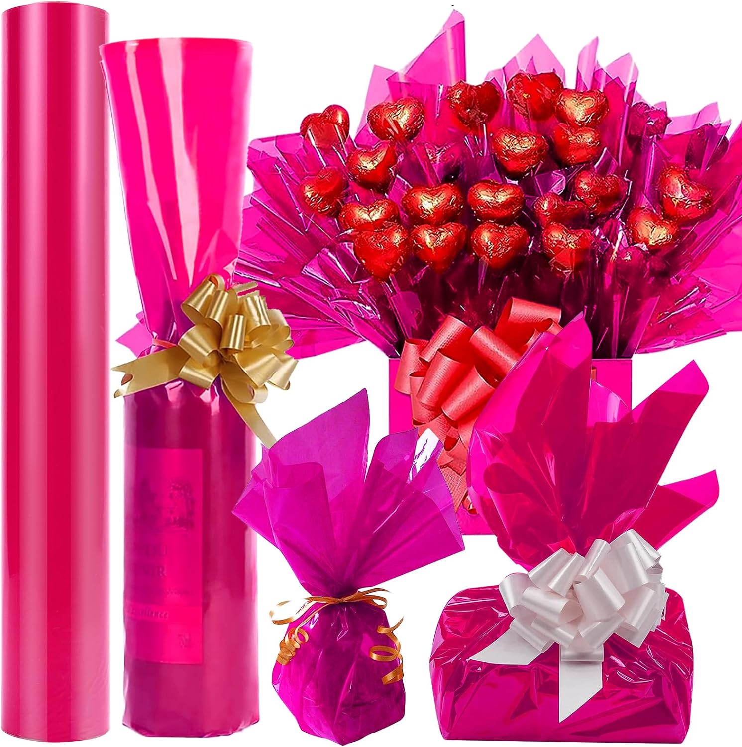 HiloPack Rollo de celofán para el día de San Valentín para cestas de regalo, papel de regalo de celofán rosa extra grande de 3 mil, 34 pulgadas