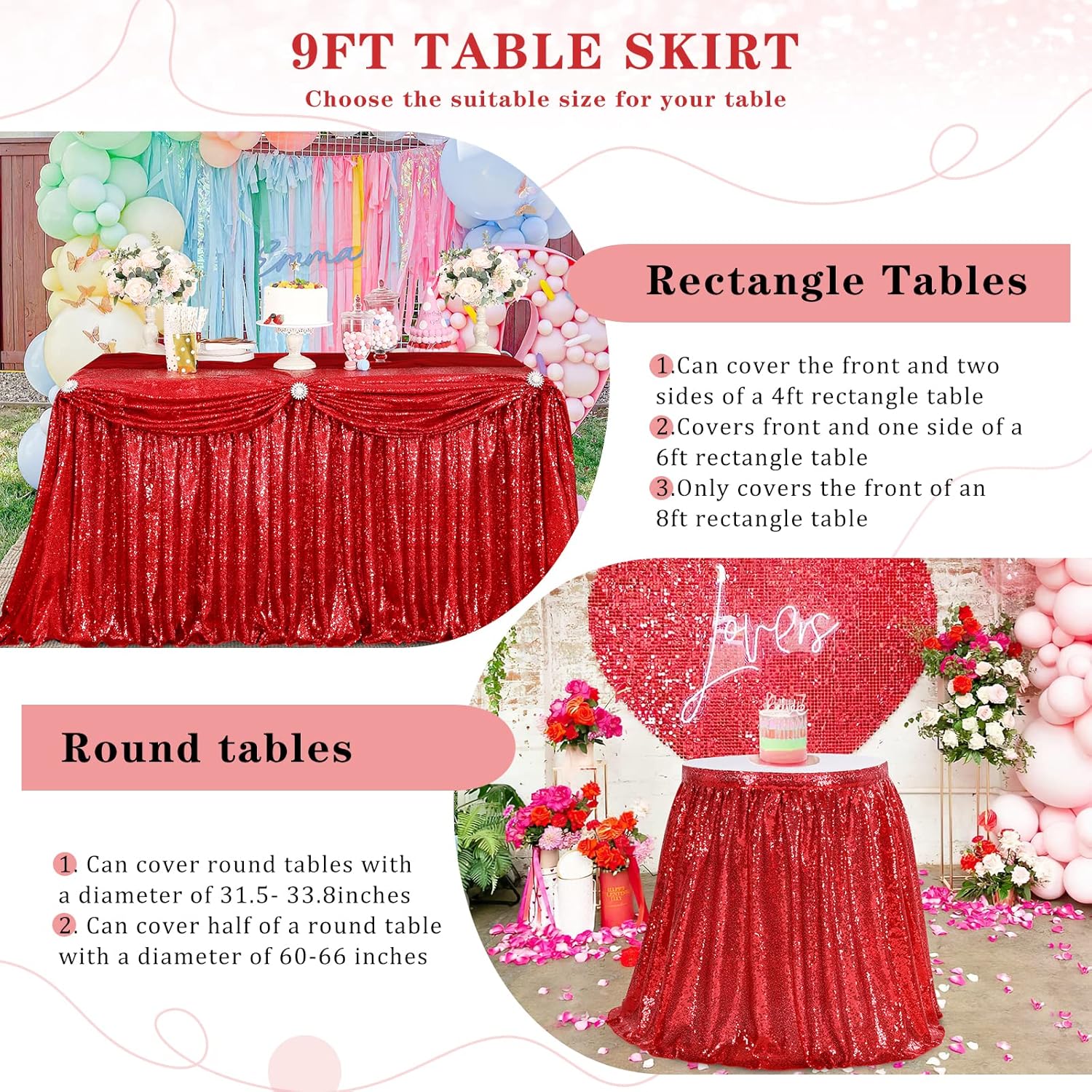 Falda de mesa de lentejuelas rojas de 9 pies para mesa redonda rectangular cuadrada para fiesta, boda, cumpleaños