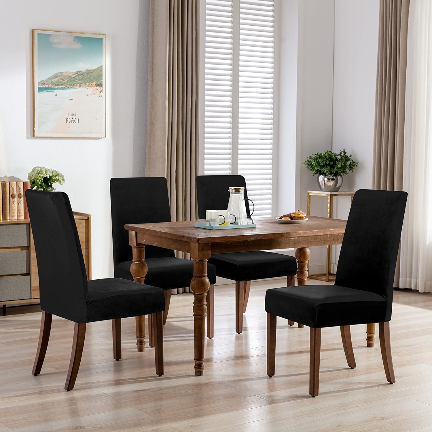 smiry – Fundas para sillas de comedor de terciopelo elástico y suave, extraíbles, Terciopelo, Negro