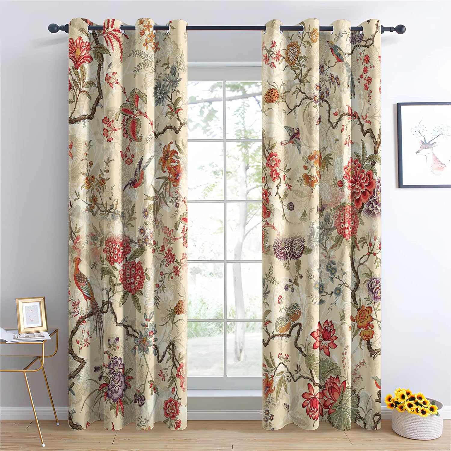 TAKUAN Cortinas étnicas para dormitorio, sala de estar, diseño de plantas de pájaros, cortinas opacas de 63 pulgadas de largo, juego de 2 paneles de