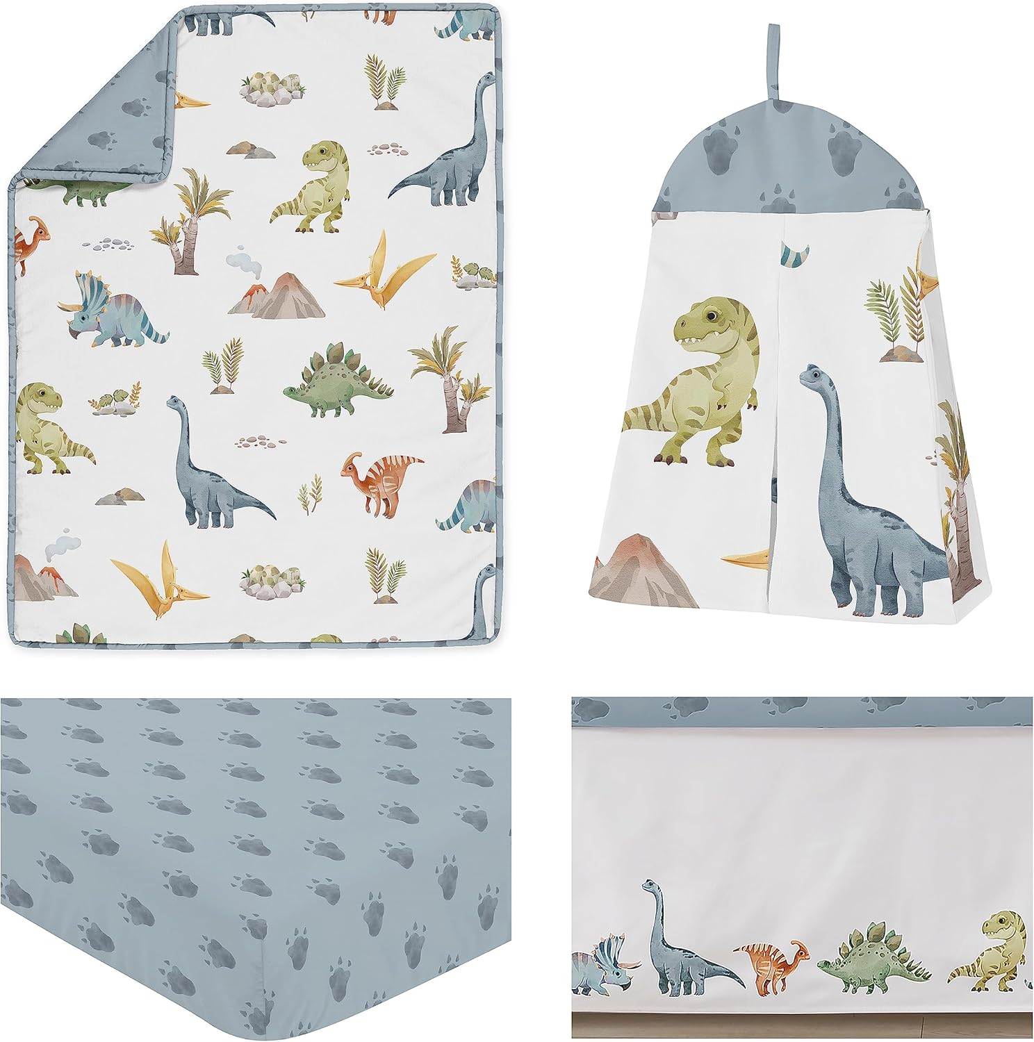 Sweet Jojo Designs Acuarela dinosaurio dinosaurio bebé niño cuna juego de ropa de cama bebé cuarto manta sábana bajera falda pañal apilador 4p verde