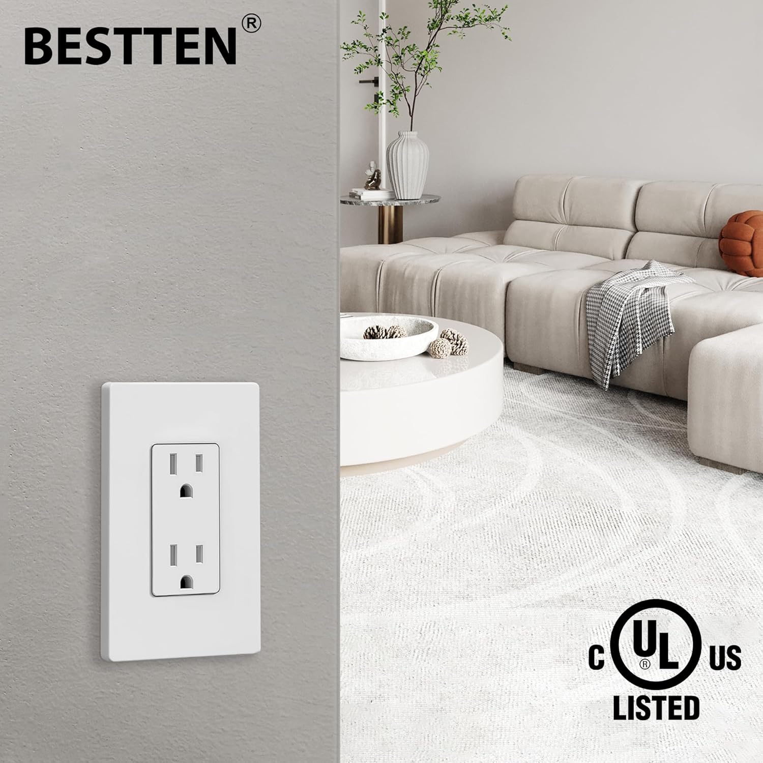 BESTTEN Toma de corriente decorativa de 15 amperios con resistente a manipulaciones, toma de pared eléctrica decorativa de 15 A, placas de pared sin