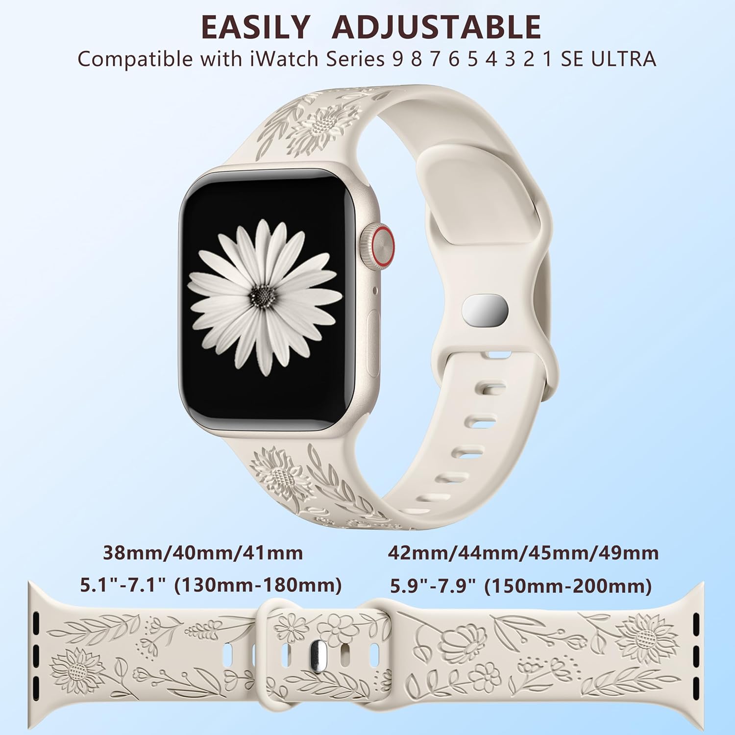 Paquete de 6 correas con grabado floral compatibles con Apple Watch Band de 1.732 pulgadas, 1.575 pulgadas, 1.494 pulgadas, 1.654 pulgadas, 1.614