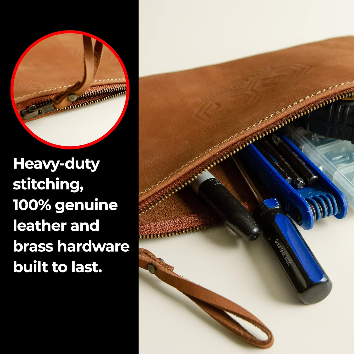 Nut Hugger – Bolsa para herramientas, organizador multiusos de cuero, bolsa de mano para herramientas de mano, cremallera de latón resistente,