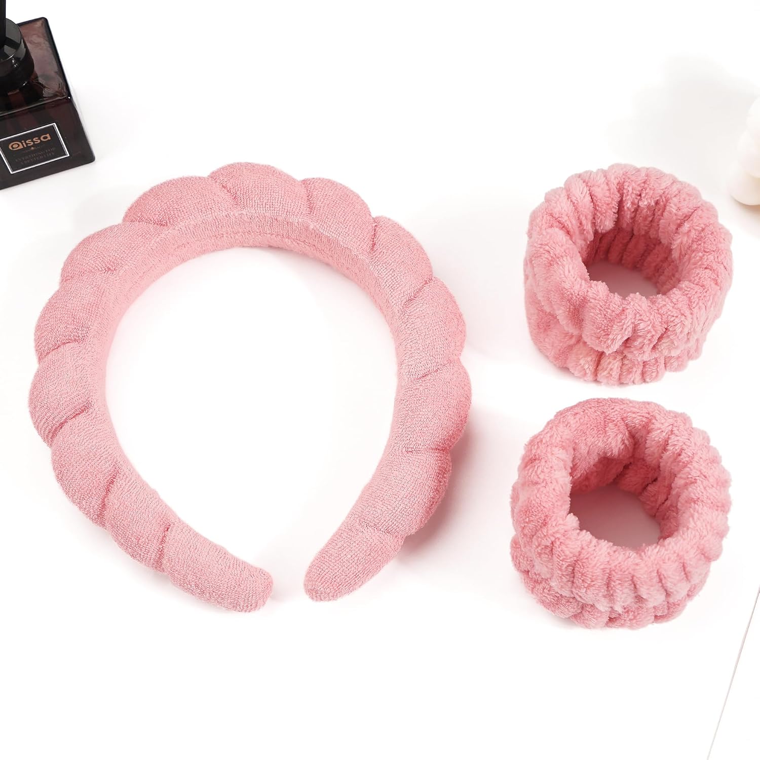 Ayesha Juego de diadema y pulsera de spa para el cuidado de la piel, lavado de cara, diadema de maquillaje, muñequeras para cuidado de la piel
