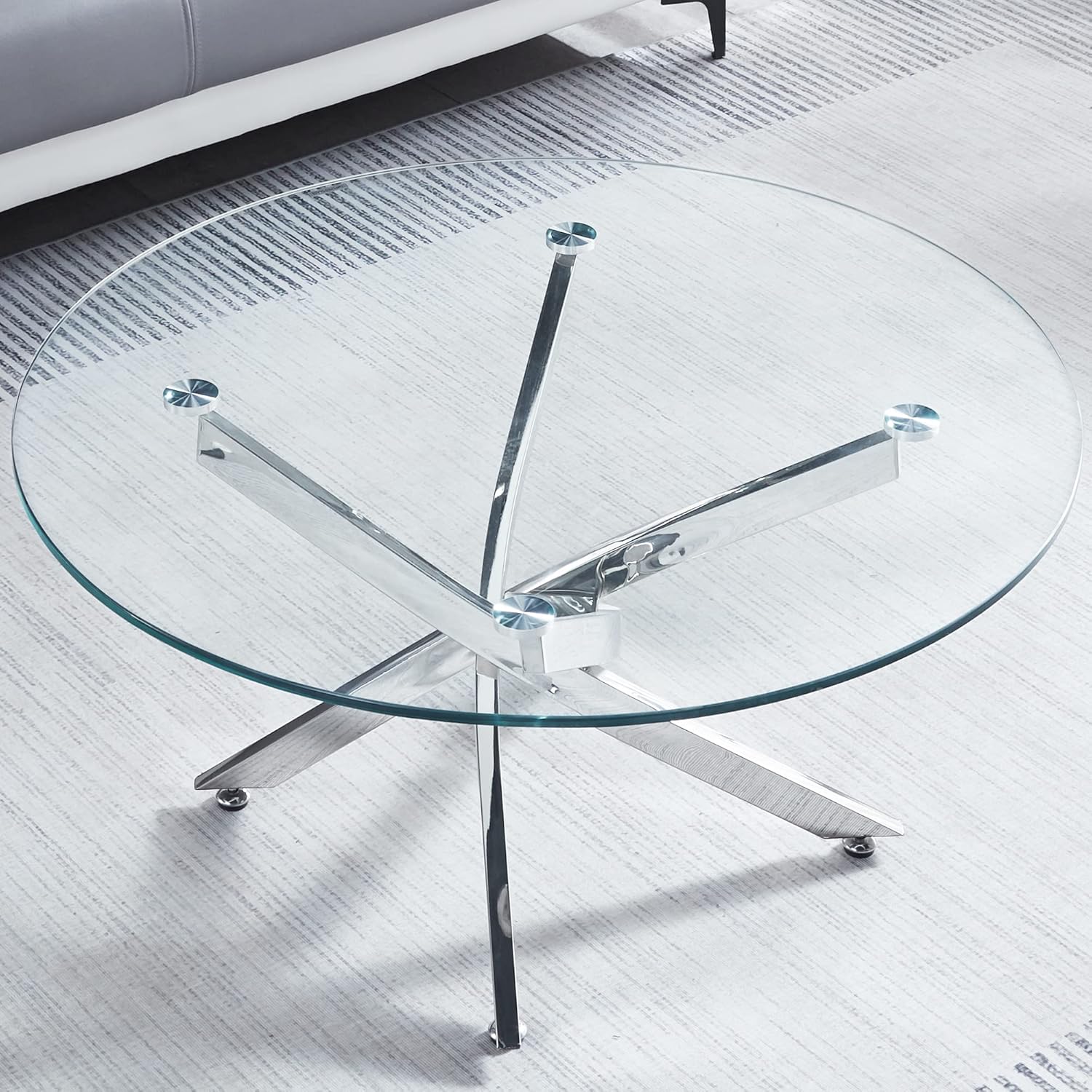 SSLine Mesa de centro redonda de vidrio con base plateada, mesa central de cristal templado transparente, mesa de centro de lujo de 35.4 pulgadas