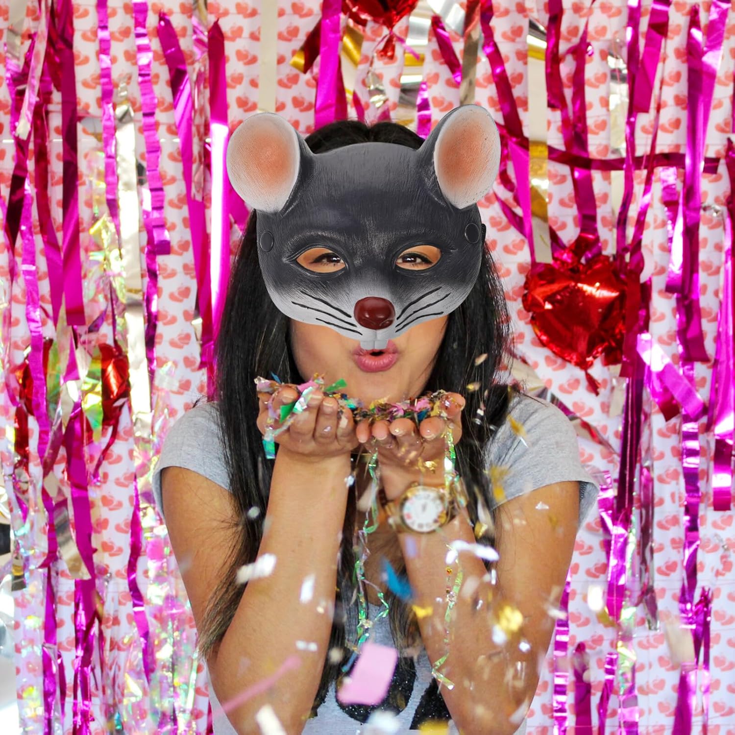 Máscara de rata gris de carnaval, máscara de cabeza de rata cicatriz, máscara de media cara, máscara de ratón de animal, máscara de ratón 3D,
