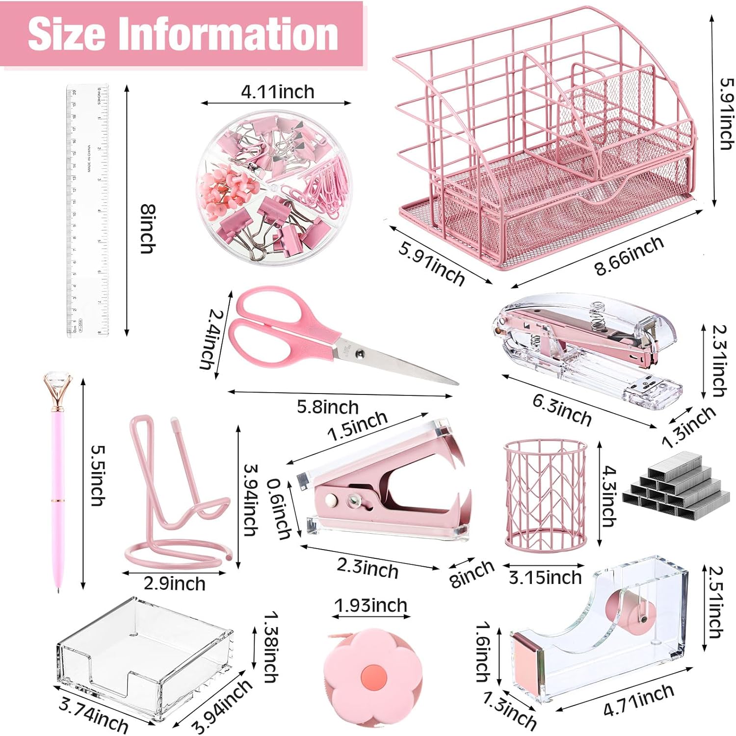 El kit de 14 accesorios de escritorio incluye grapadora, removedor de grapas, soporte para bolígrafos, caja de notas, organizador de malla metálica,