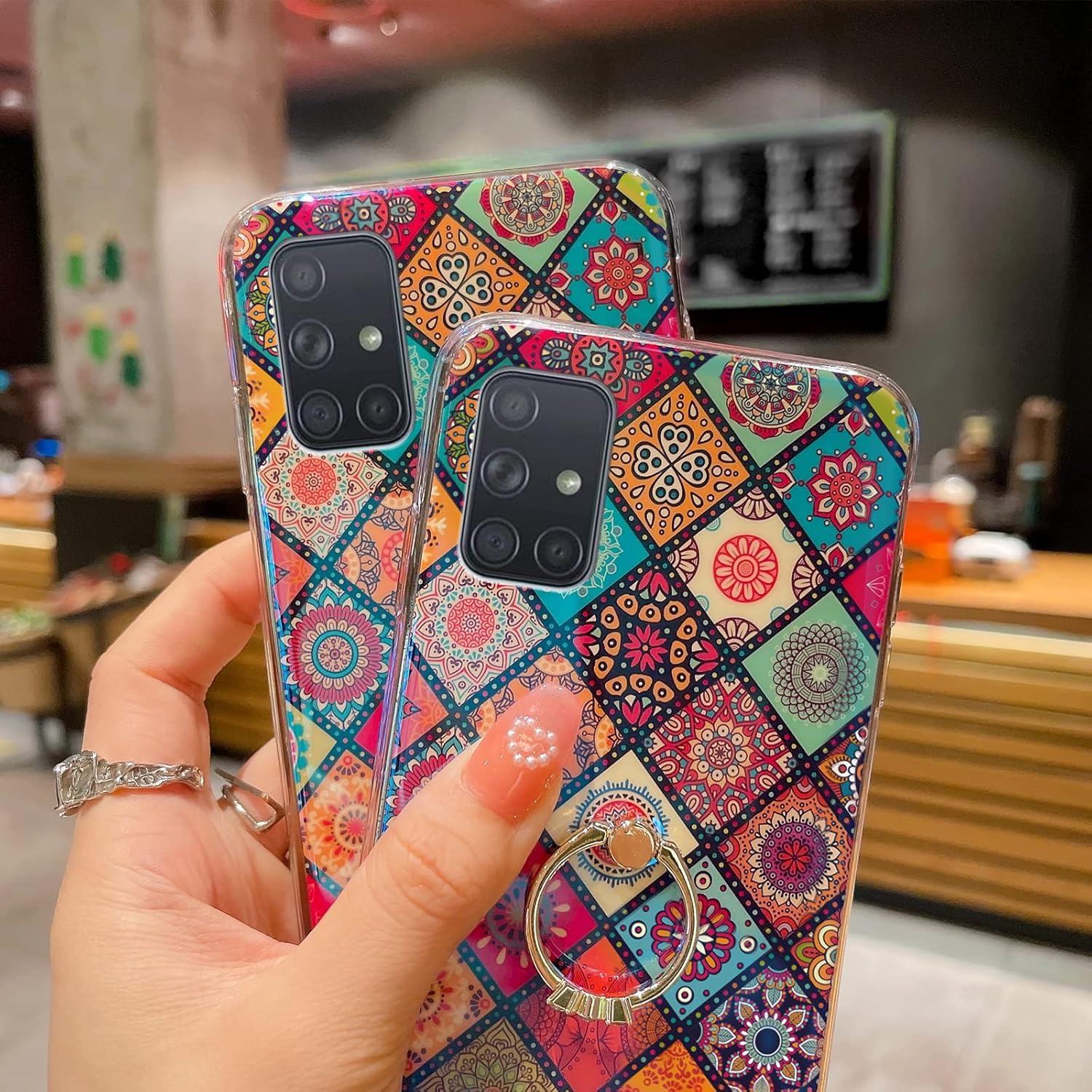 Funda para Samsung A71 5G Retro Floral Slim Linda Caso a prueba de golpes Cubierta de protección para Adolescentes Niñas Mujeres con Anillo Dorado
