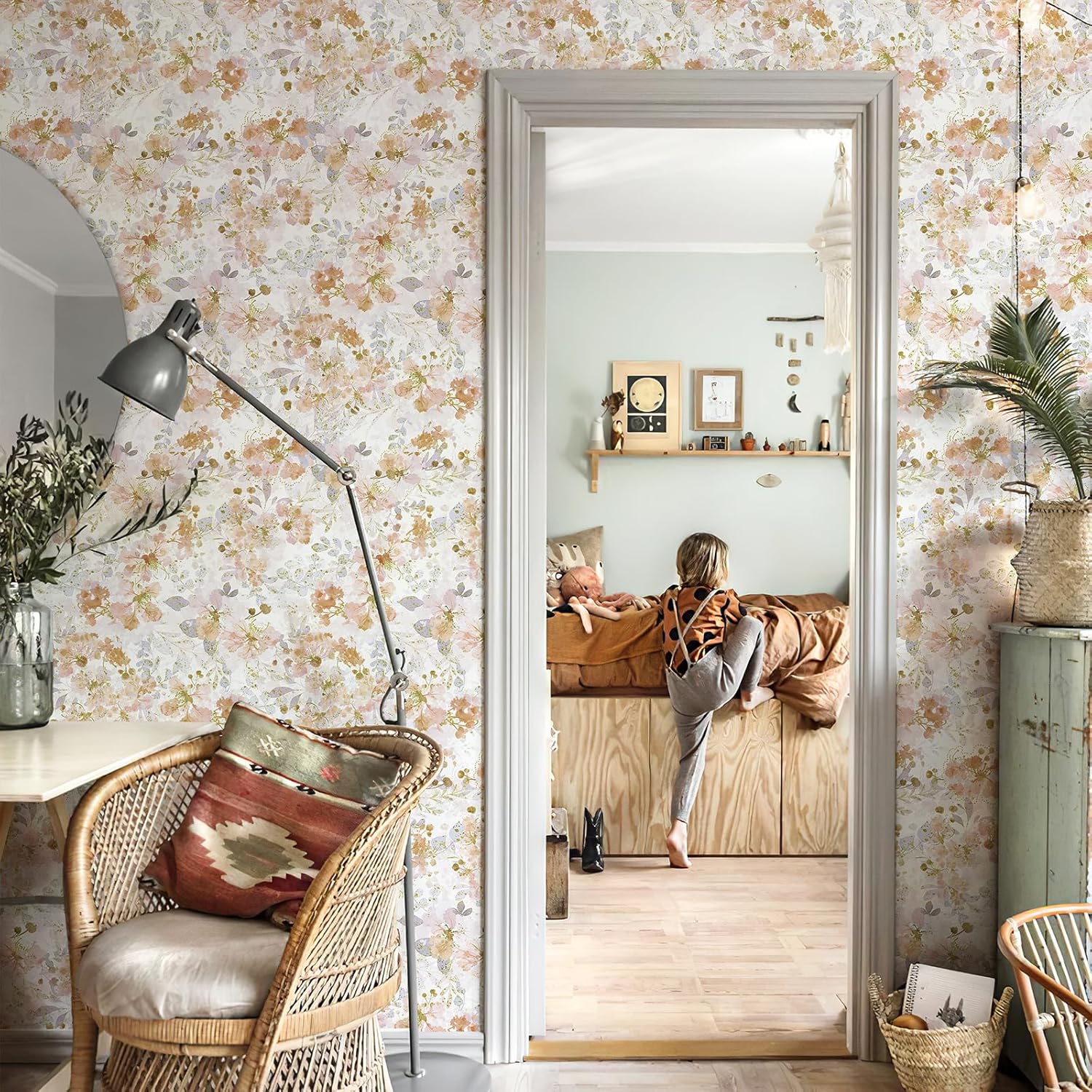 Papel tapiz autoadhesivo con diseño floral de acuarela para despegar y pegar, para decoración de pared, color naranja envejecido, rosa y naranja