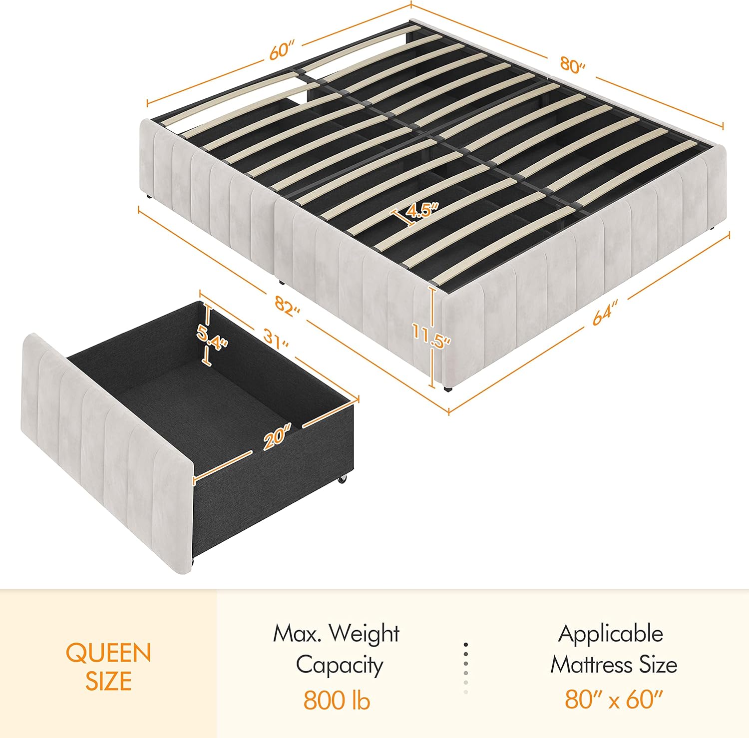 Topeakmart Base de cama tapizada tamaño Queen con 4 cajones, plataforma de almacenamiento con listones de madera, base de colchón, no incluye