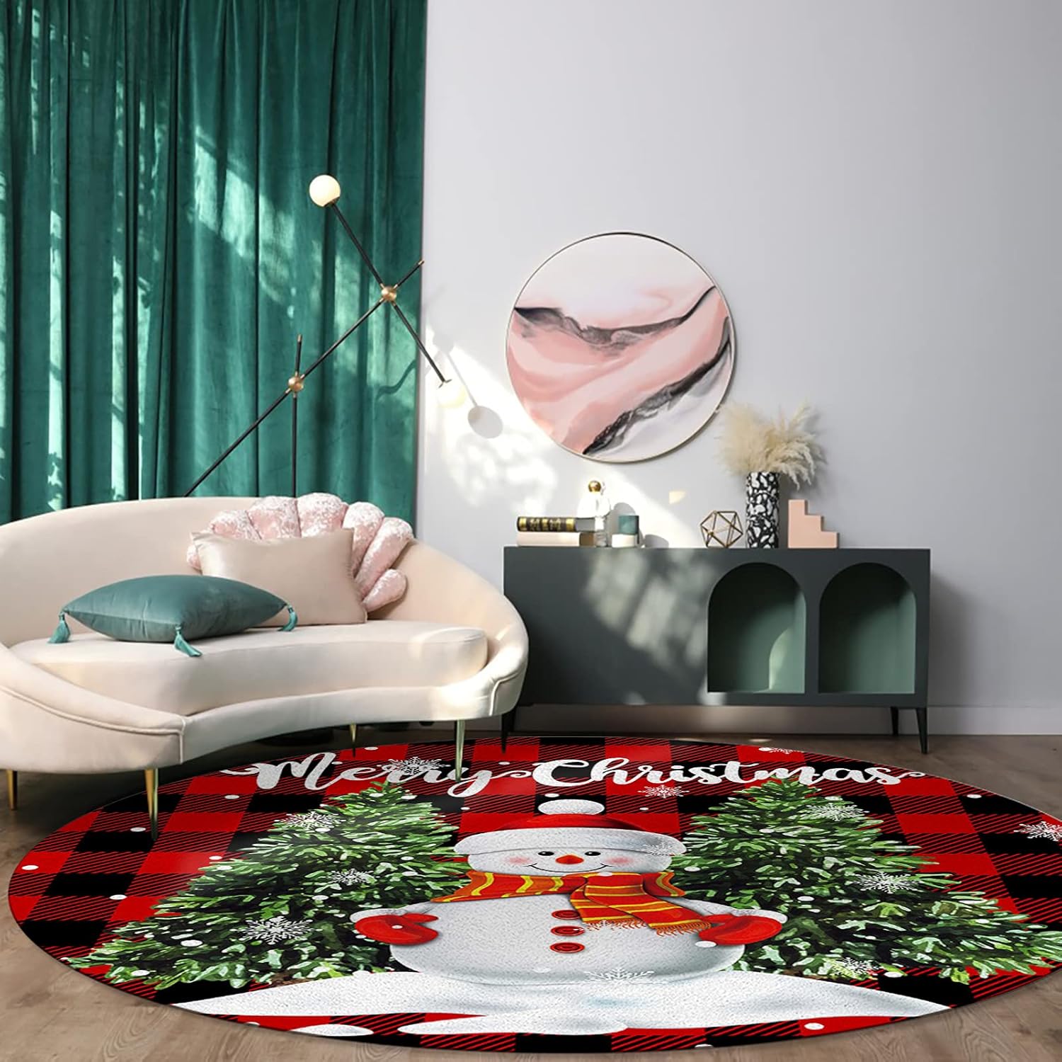 Alfombra redonda de árbol de muñeco de nieve de Navidad, alfombra redonda de 3 pies, colección a cuadros rojos, alfombra circular antideslizante