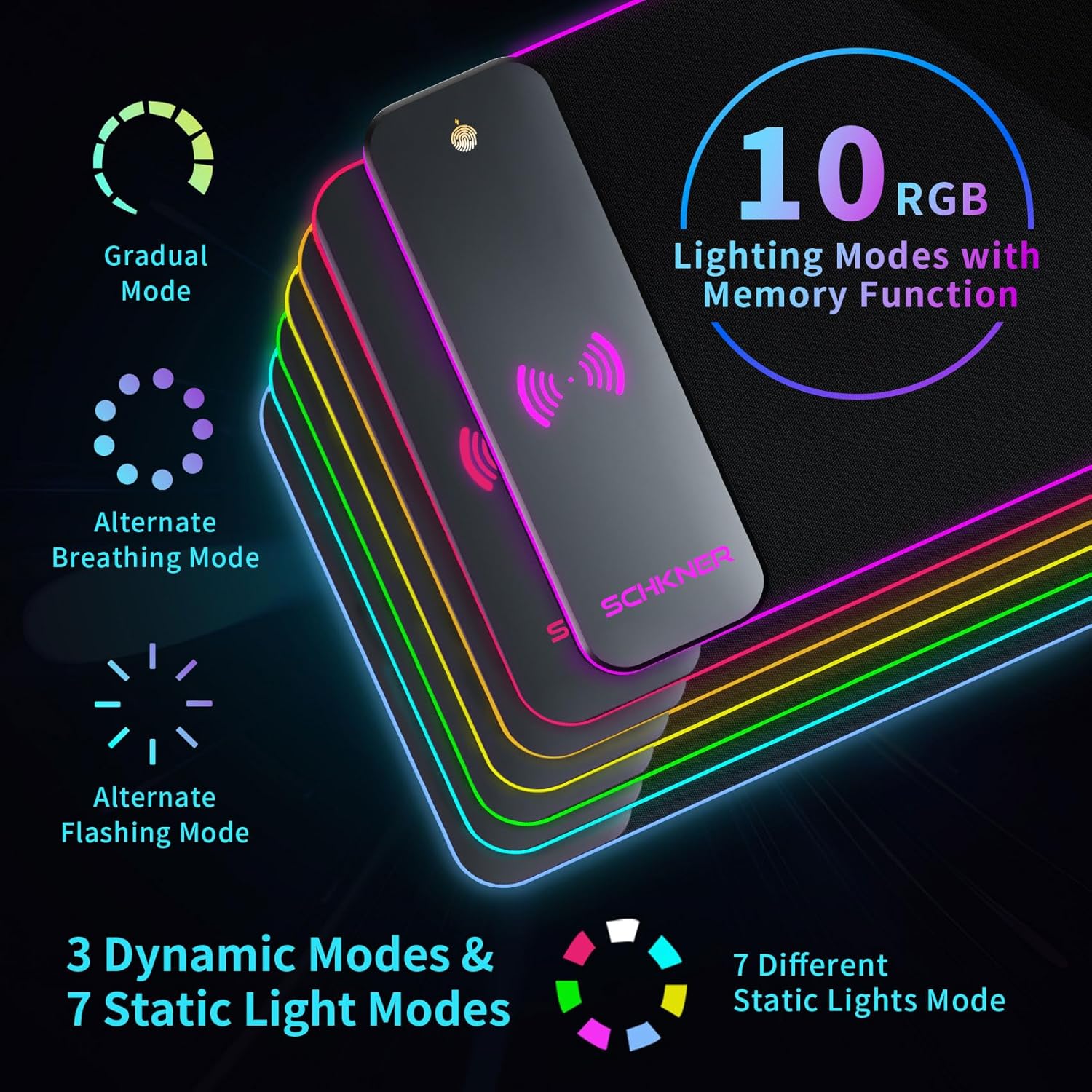 Schkner Alfombrilla de mouse RGB para juegos con carga inalámbrica, alfombrilla de mouse grande con luz LED, almohadilla de teclado con base de goma