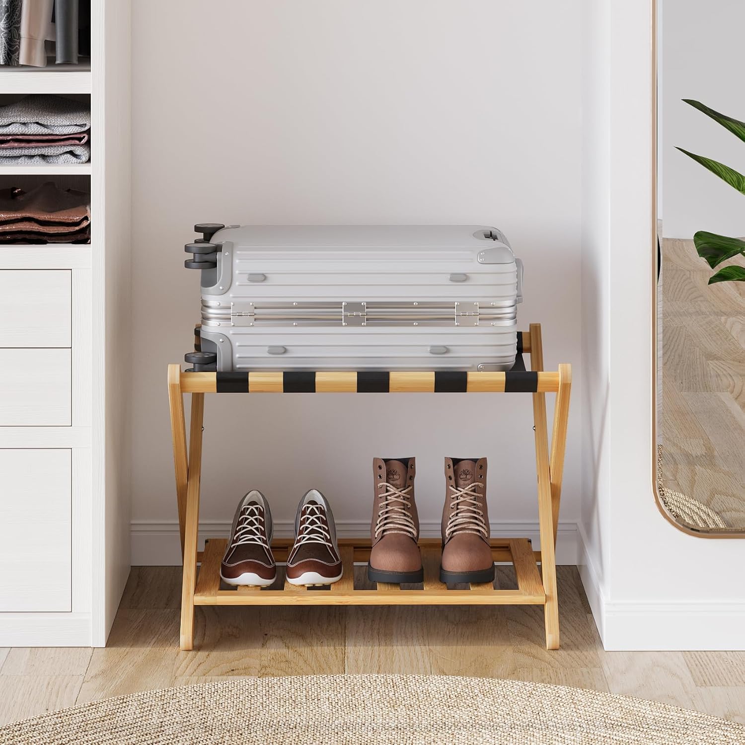 Semiocthome Paquete de 2 portaequipajes totalmente montado, soporte plegable para maleta con estante de almacenamiento, estante de madera para