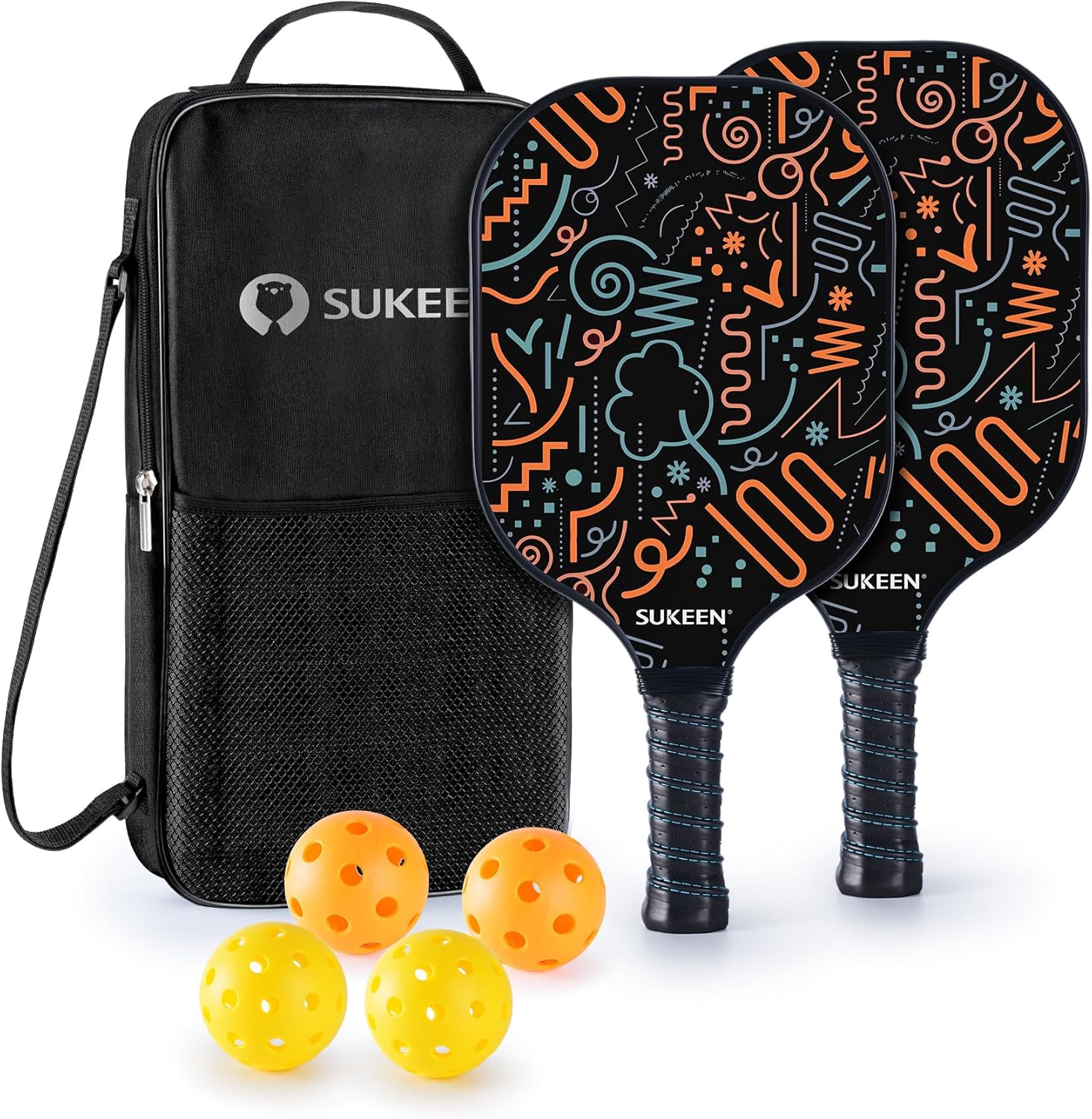 Sukeen Paletas de pickleball, juego de 2 piezas de pickleball de fibra de vidrio, núcleo de nido de abeja de polipropileno, agarre acolchado, juego