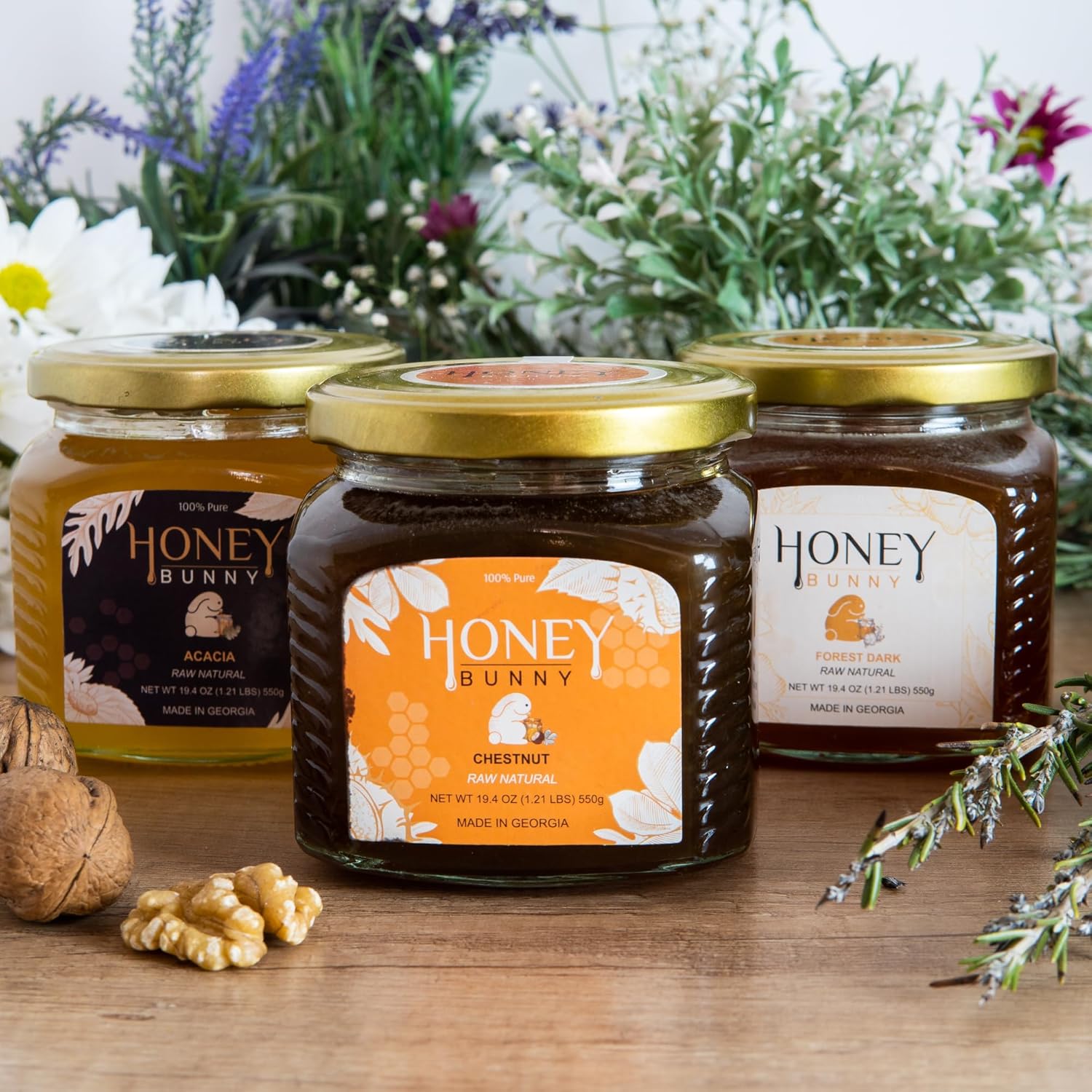 Honey Bunny Castaño crudo natural, buena fuente de antioxidantes, edulcorante alternativo, producto de Georgia 19.4 onzas, paquete de 1