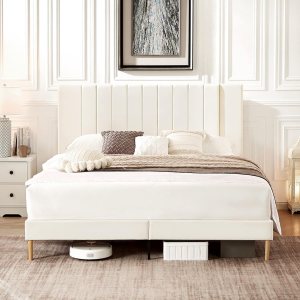 Flolinda Base de cama de plataforma tamaño Queen con cabecera tapizada de terciopelo y soporte de listones de madera, base de colchón totalmente Flolinda Base de cama de plataforma tamaño Queen con cabecera tapizada de terciopelo y soporte de listones de madera, base de colchón totalmente