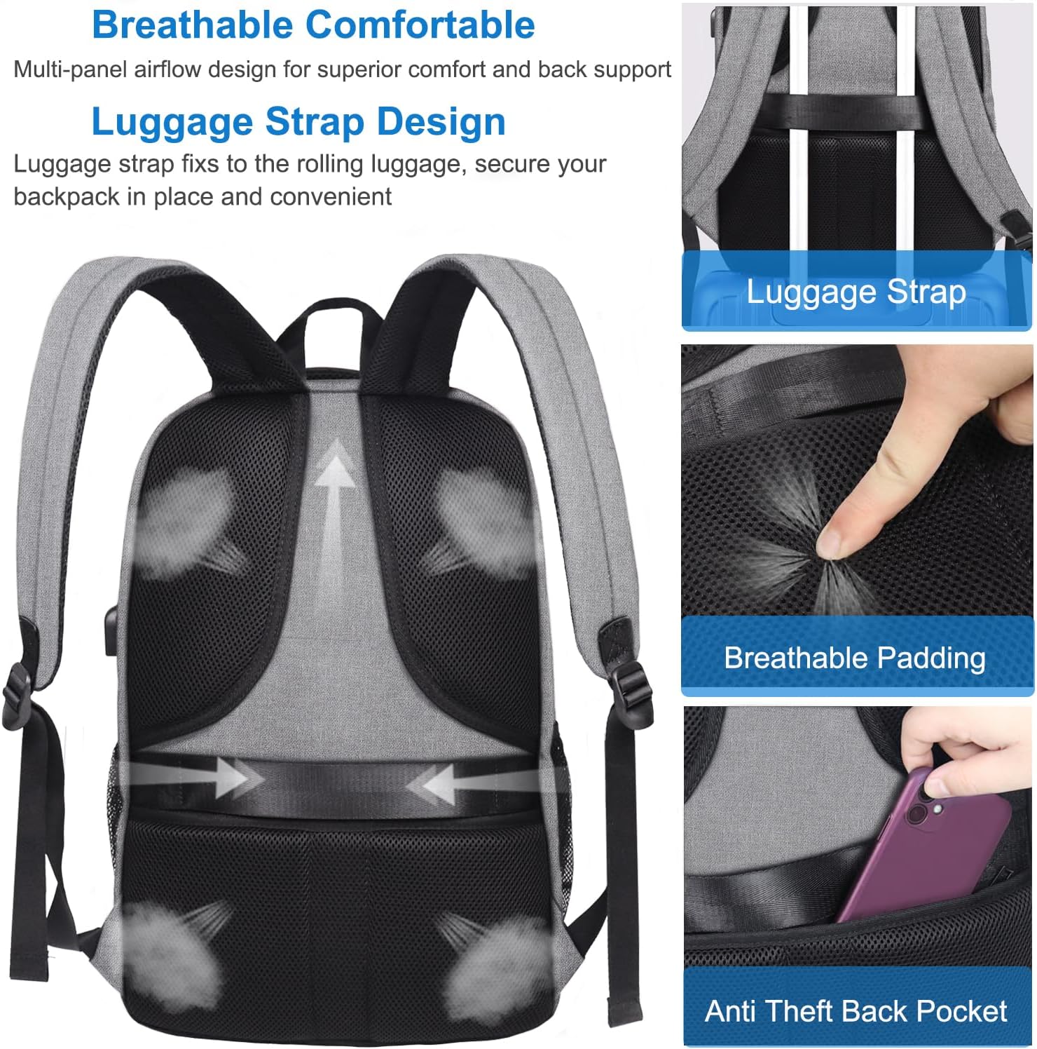 Mochila grande para portátil de viaje, mochila para portátil de 17 pulgadas amigable con la TSA, Gris, Moderno