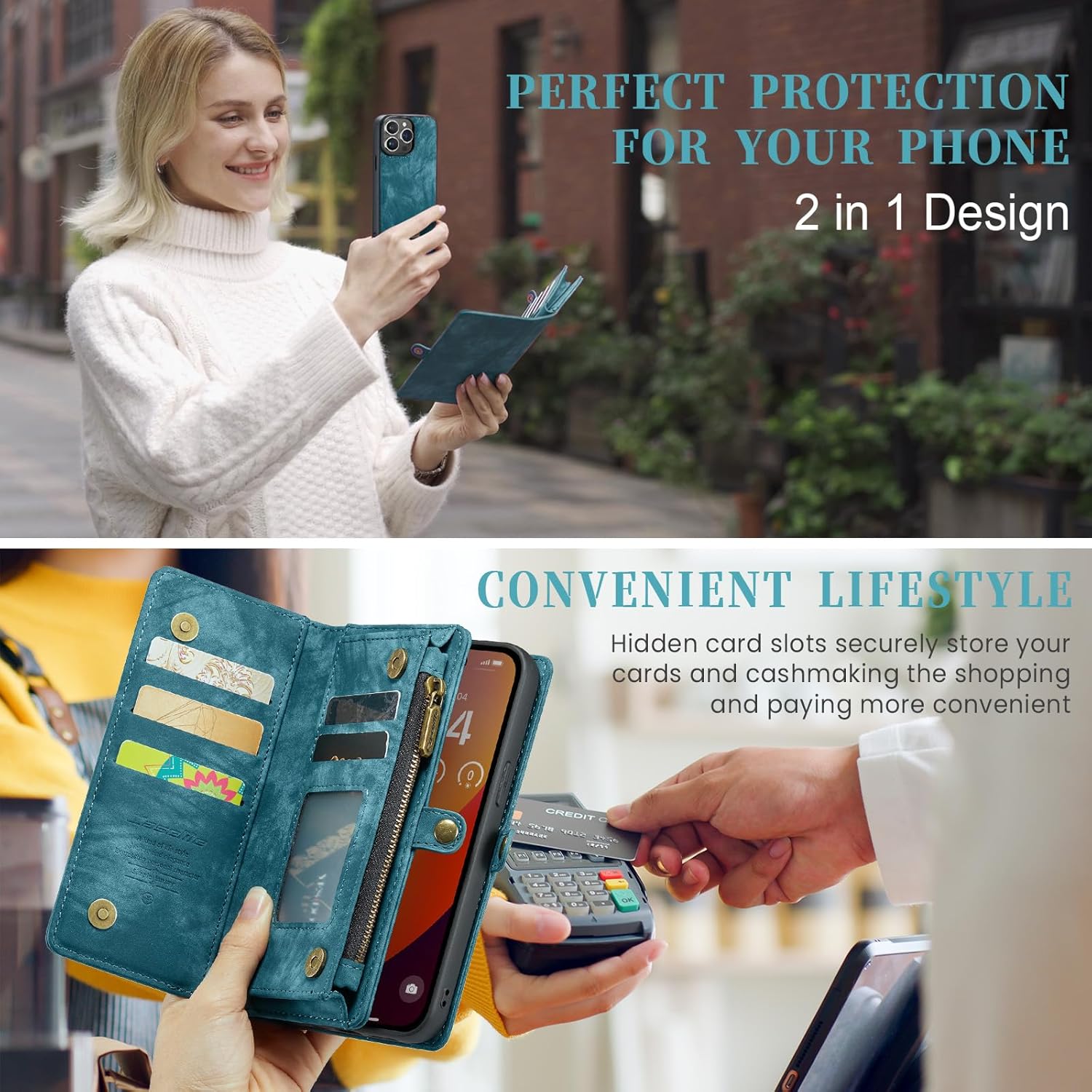 Kowauri Funda tipo cartera para iPhone 15 Pro, cartera de piel con cremallera y soporte para tarjetas, correa para la muñeca, desmontable,