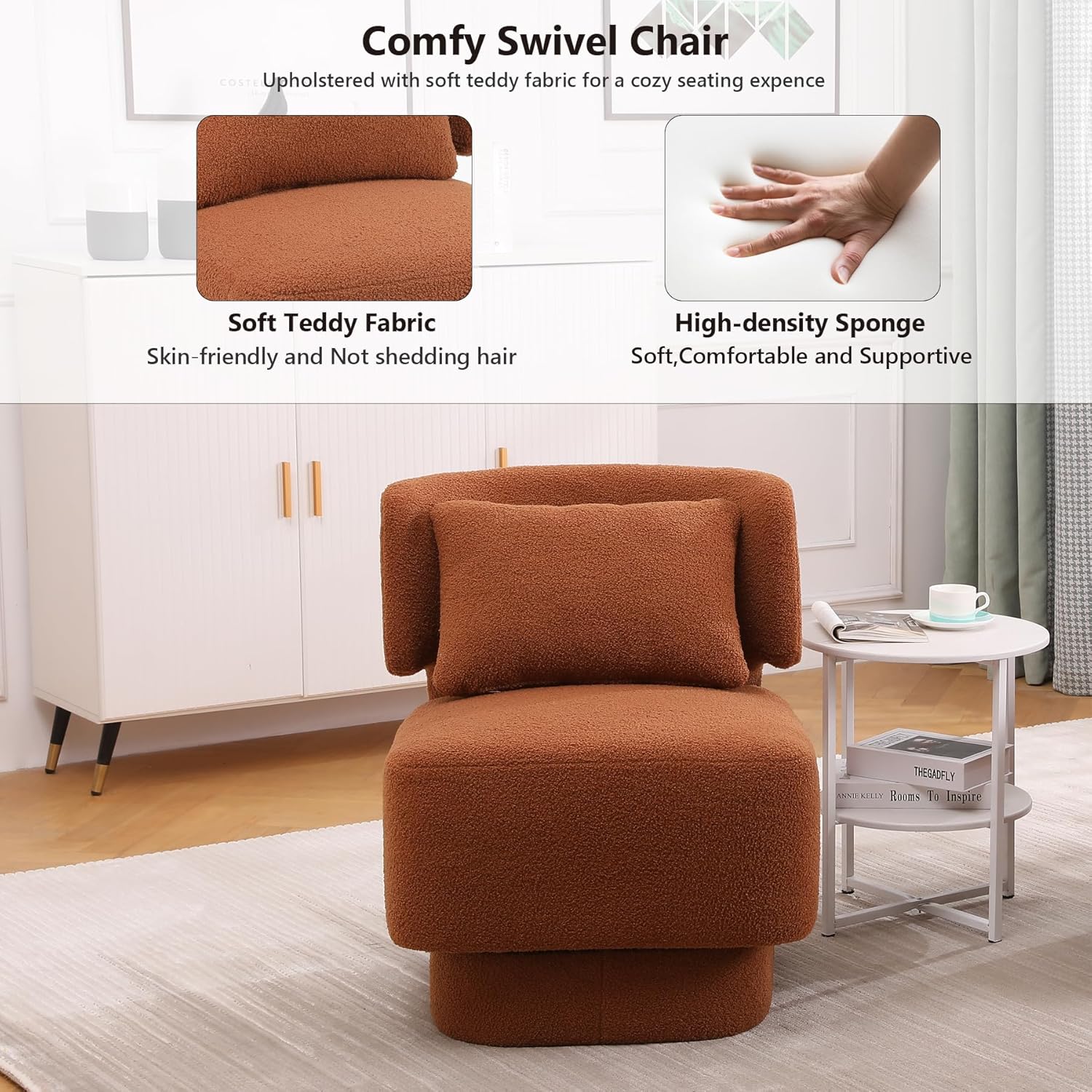 Silla giratoria de barril de 360 grados, silla giratoria de tela de peluche tapizada con almohada, moderna silla decorativa sin brazos para