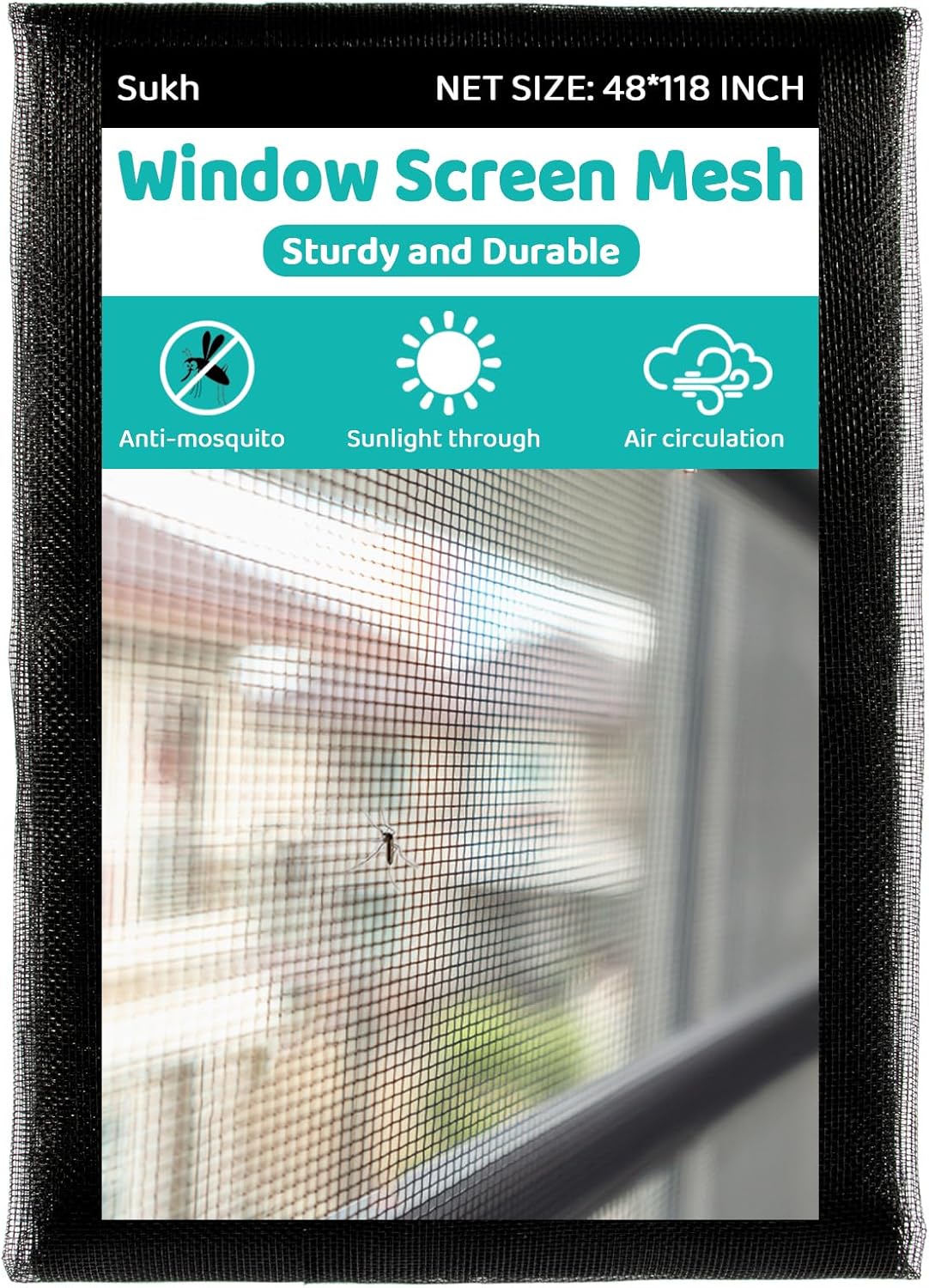 Sukh 48 x 118 malla para ventana  Pantalla de repuesto de malla de fibra de vidrio para ventana de patio, porche, ventana, pantalla de red