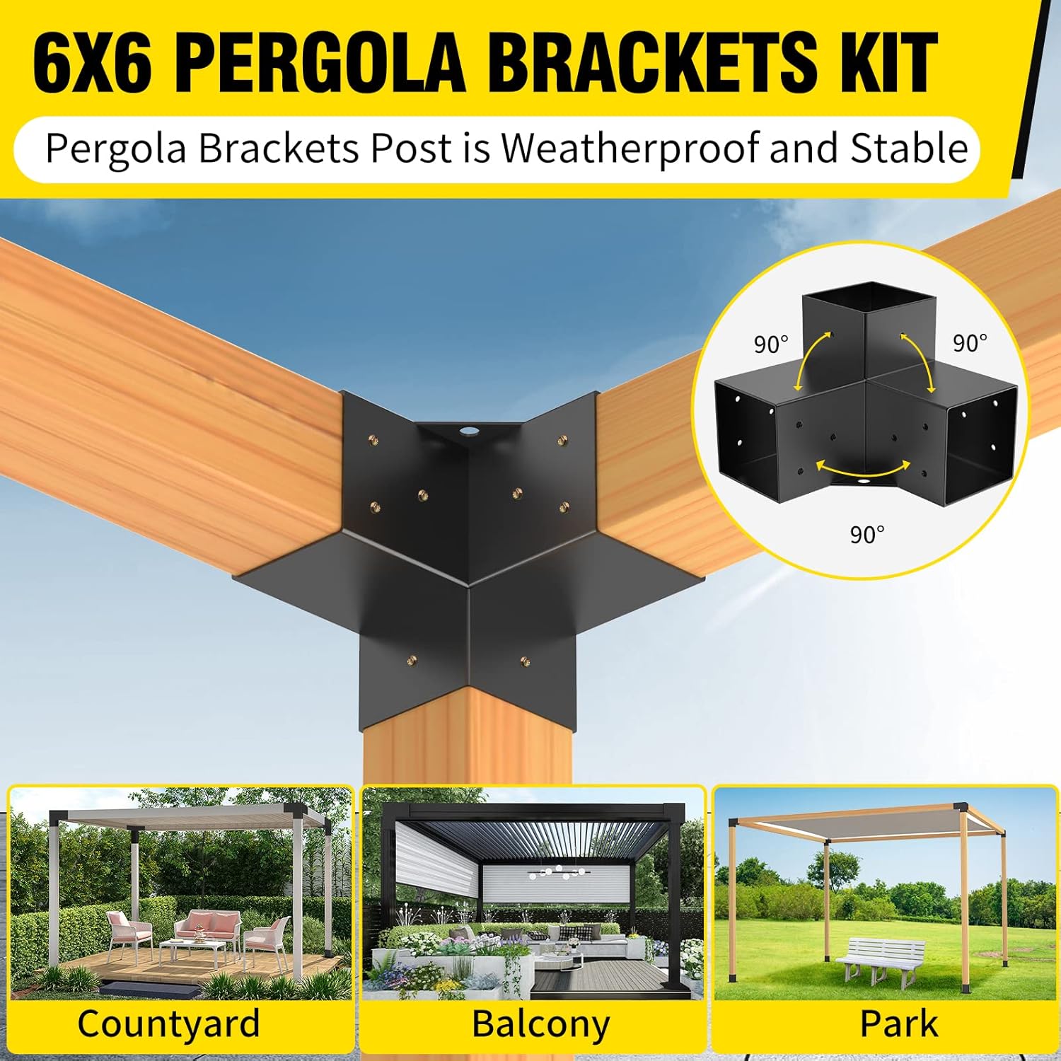 Woodworks – Soporte de pérgola para pérgola de 3 vías, soporte de esquina de ángulo recto, soporte de madera elevado, paquete de 4 con tornillos