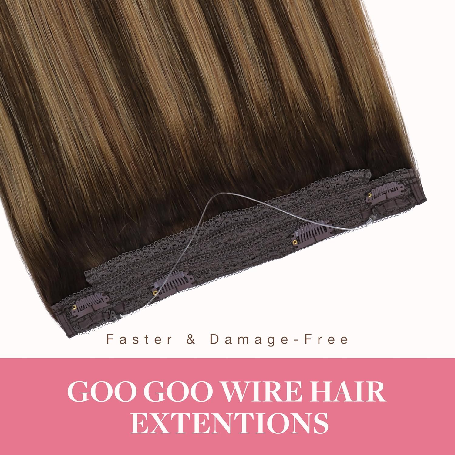 GOO GOO Extensiones de cabello humano real con alambre, 22 pulgadas, 3.88 oz de color marrón chocolate a rubio caramelo, extensiones de cabello con