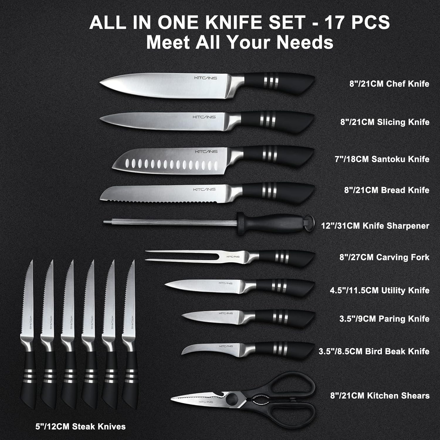 Juego de cuchillos con bloque de 17 piezas, juego de cuchillos de cocina con afilador, juego de cuchillos negros de acero inoxidable para cortar,