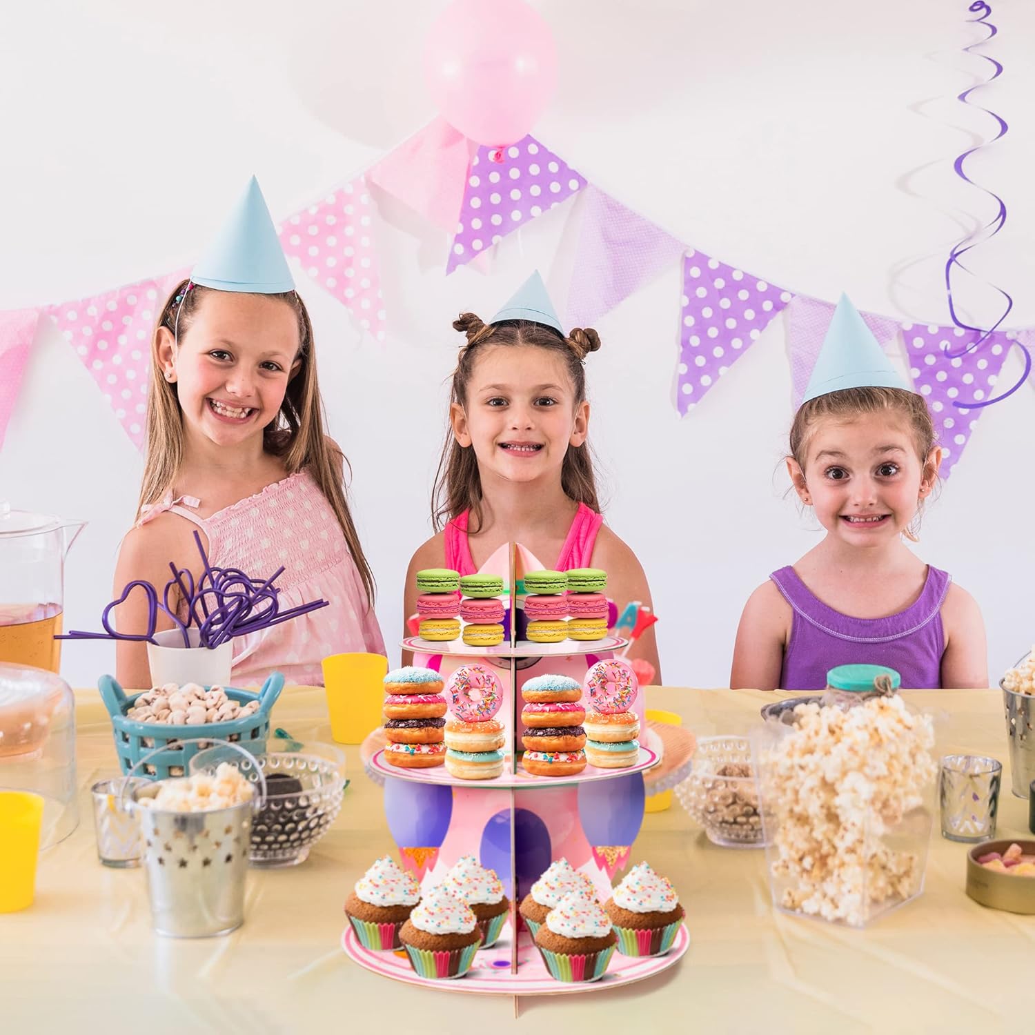 ANGOLIO Soporte para cupcakes de 3 niveles para el espacio exterior, suministros de fiesta para niños, decoración de fiesta de cumpleaños, temática