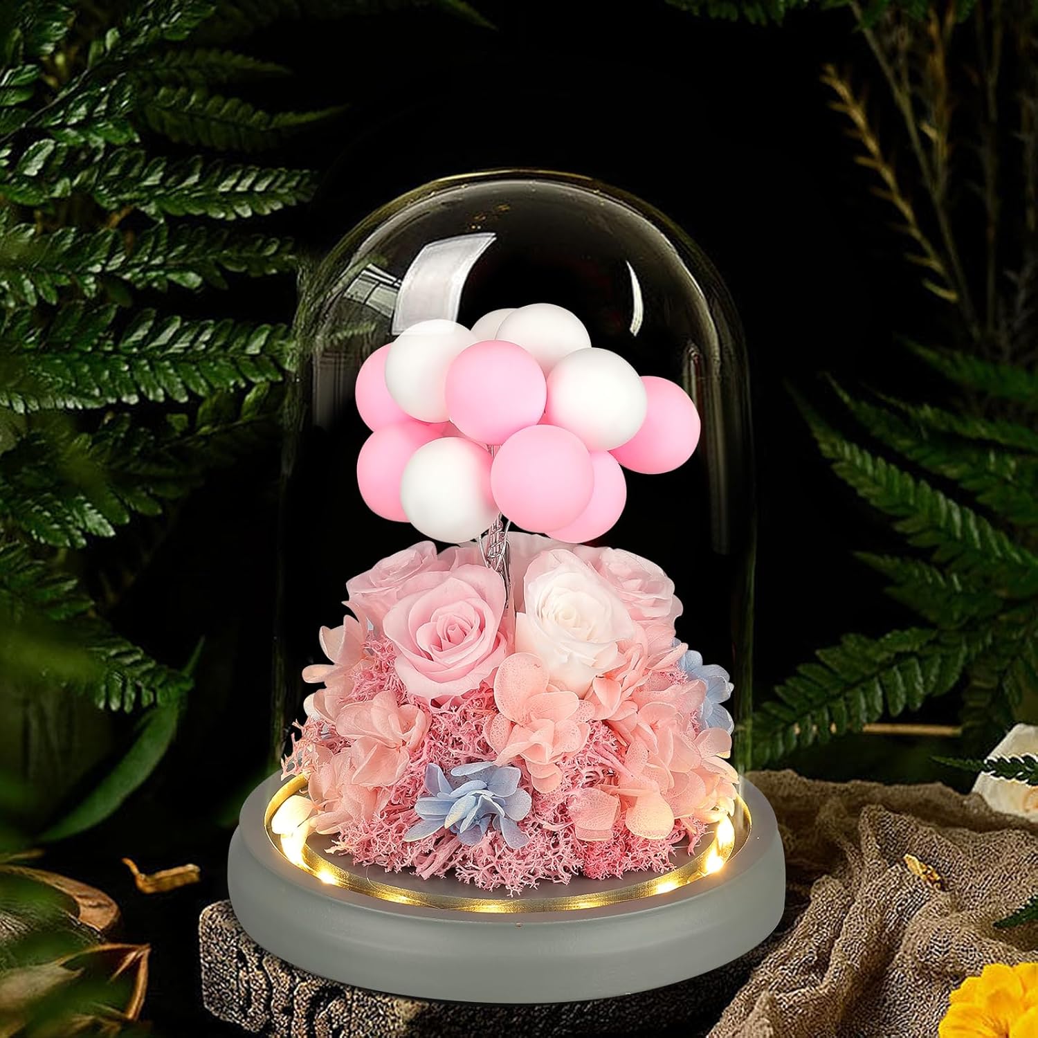 Rosa 100% real en cúpula de cristal, flores preservadas con luz LED, flor eterna con decoración de globos de arcilla, para cumpleaños, aniversario,