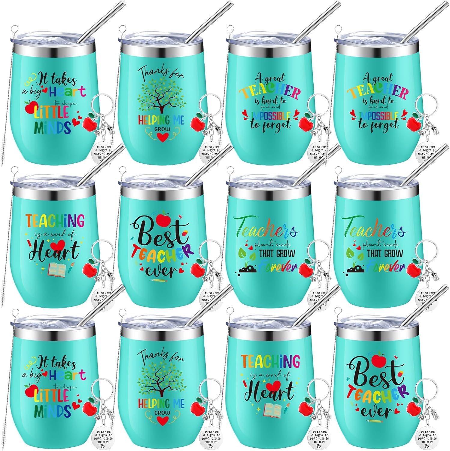 Nuanchu Juego de 12 vasos de vino de acero inoxidable con tapas y pajitas para profesores, regalos de agradecimiento para profesores, regalos de