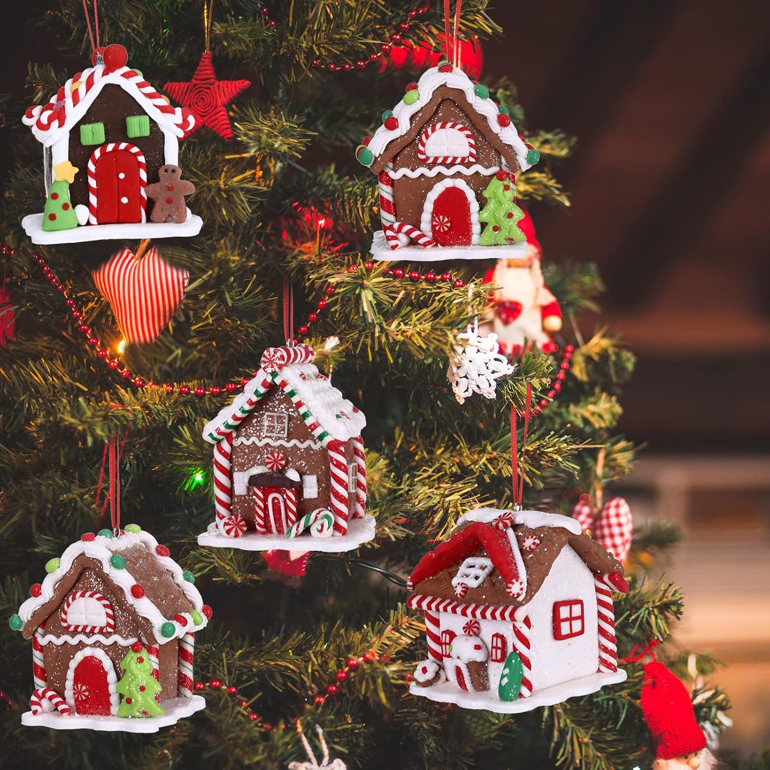 Adornos de casa de jengibre para árbol de Navidad, juego de adornos navideños de pan de jengibre con cuerda, decoración de casa de jengibre, adornos