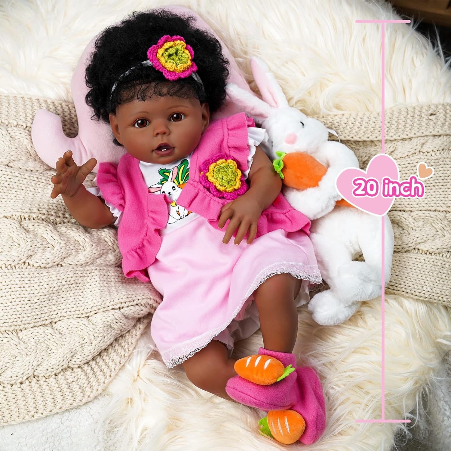 Muñecas realistas de bebé recién nacidas afroamericanas de 20 pulgadas que se ven reales con juguetes de conejo, juego de ropa para niñas y niños a