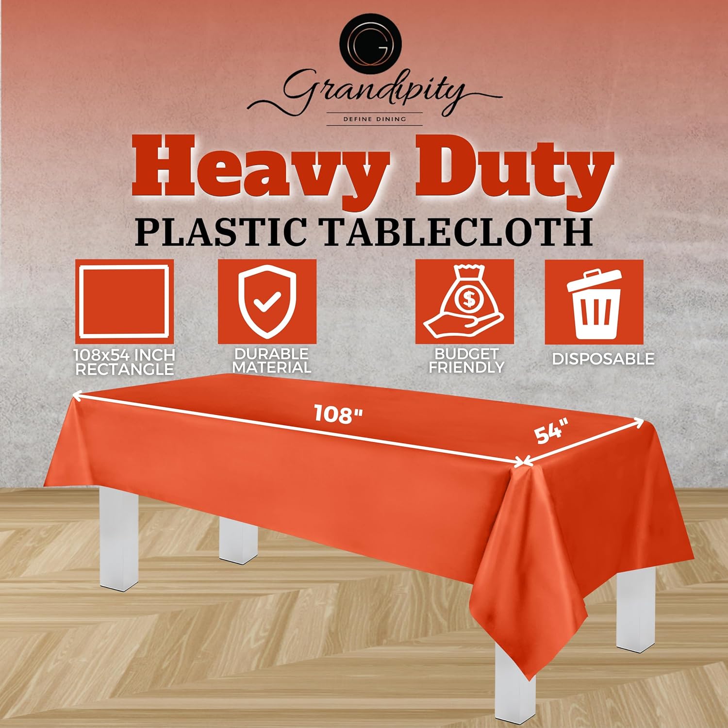 Grandipity – Mantel de plástico desechable prémium, 54 x 108 pulgadas, color naranja, paquete de 12, mantel rectangular decorativo