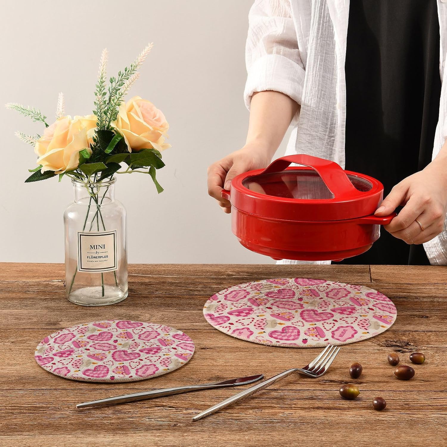 Utensil Doodle Strawberry Pink Hot Mats Pads for Kitchen Heat Resistant Round Trivet Mat for Coaster Hot Pots Pans Cotton Woven Trivet Pot Holders