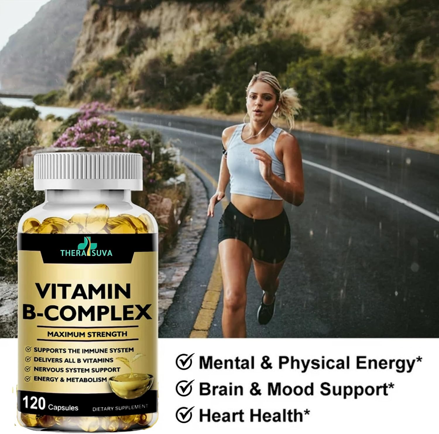 Thera SUVA Max Strength Vitamina B Complex + CoQ10 + Vitamina C – Suplemento para energía, apoyo al metabolismo, 120 cápsulas blandas, suministro