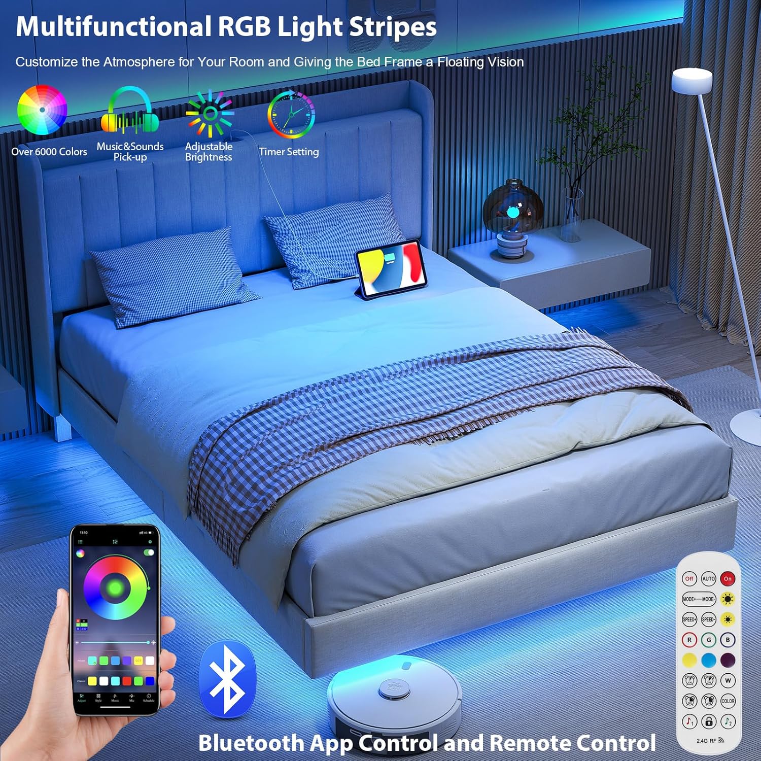 Saudism Marco de cama tapizado tamaño Queen, marco de cama flotante con cabecera de almacenamiento con respaldo de ala, puertos tipo C y USB, luces