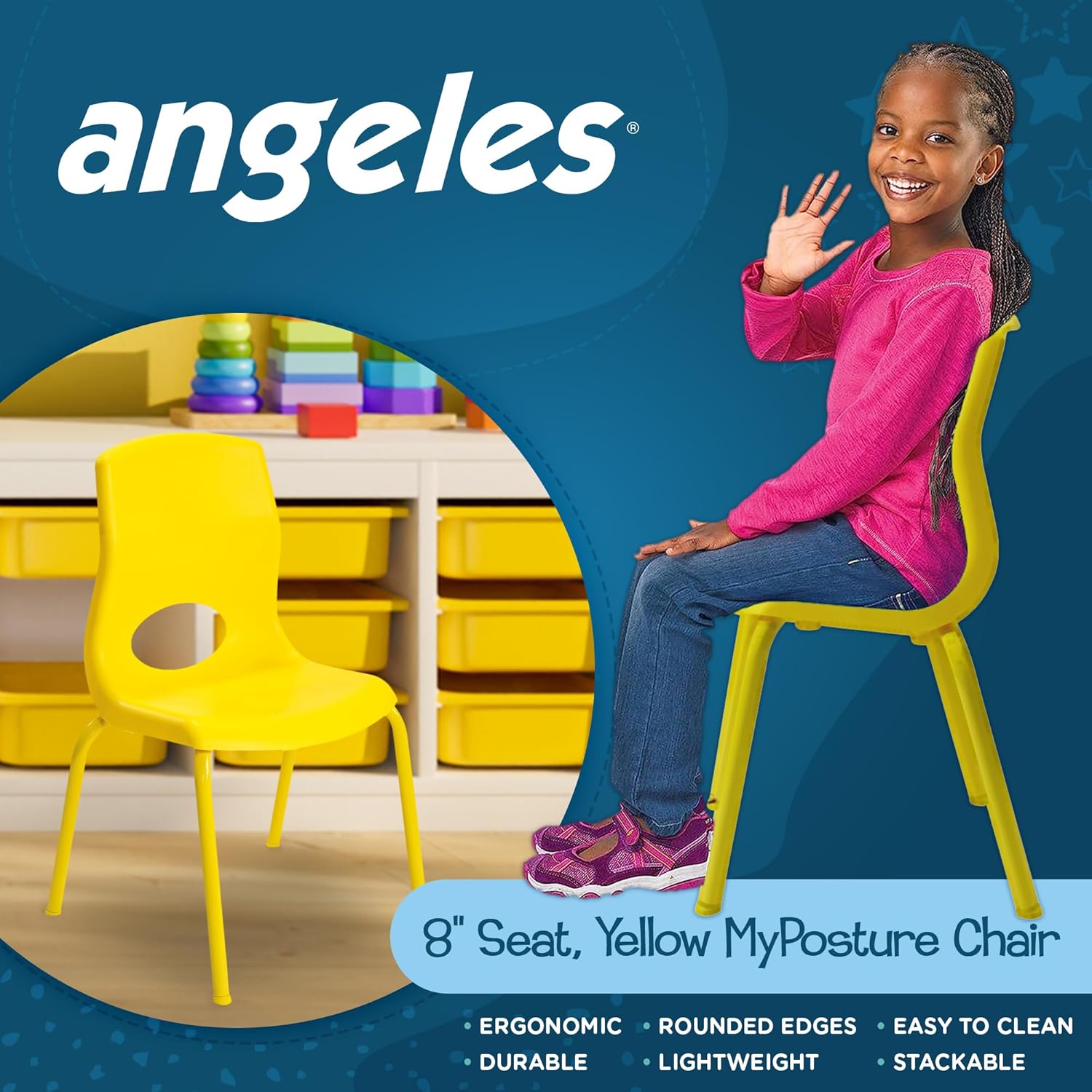 Angeles Silla MyPosture de 8 pulgadas de alto, amarillo, AB8008PY, muebles de aula de escuela en casa, asiento flexible, silla de escritorio escolar