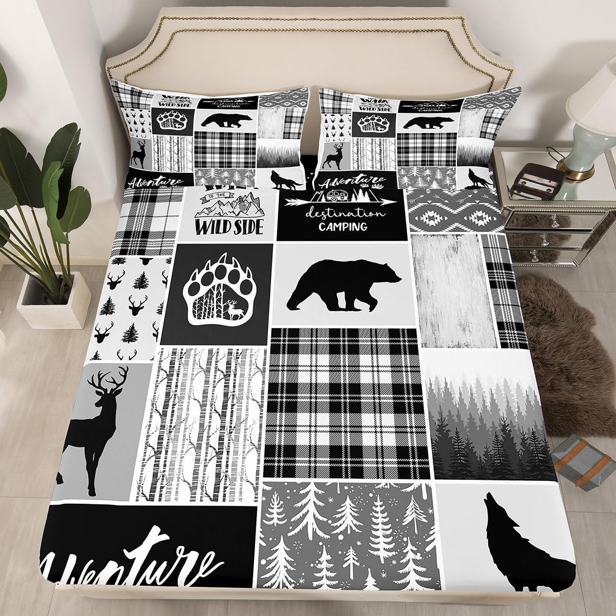 Juego de sábanas de oso de ciervo, pinos tamaño King, para decoración de habitación de niños, niñas y adultos, juego de sábanas de 4 piezas (sábana