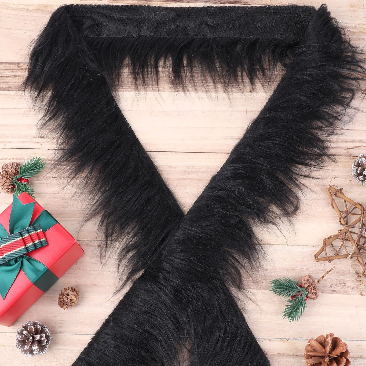 Tiras precortadas de tela de piel sintética de felpa lanuda de 2 x 60 pulgadas, piel negra mullida y esponjosa para gnomos, barba, Papá Noel, pelo