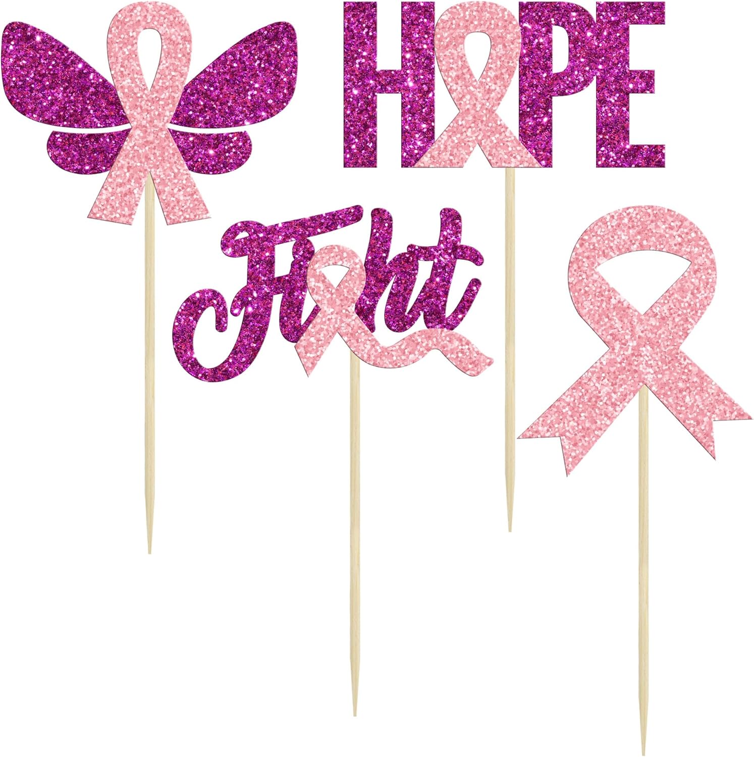 Gyufise 24 piezas de adornos para cupcakes con purpurina para concientización sobre el cáncer de mama, mariposa, lucha, esperanza, beliveve, cinta