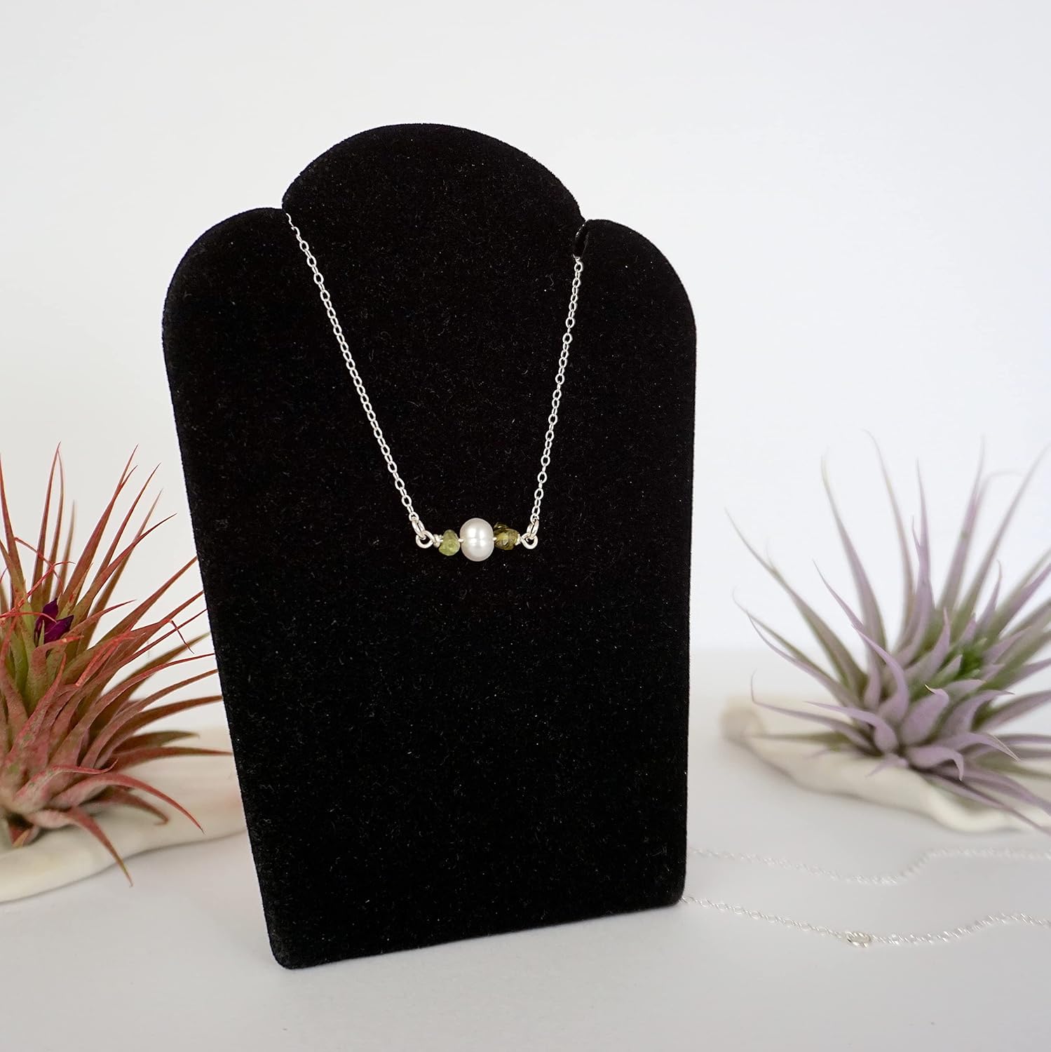 Designs by Nature Gems Handmade Womens Peridot & Pearl Charm Necklace 20-22 inch Adjustable Chain Sterling Silver, August & June Birthstone