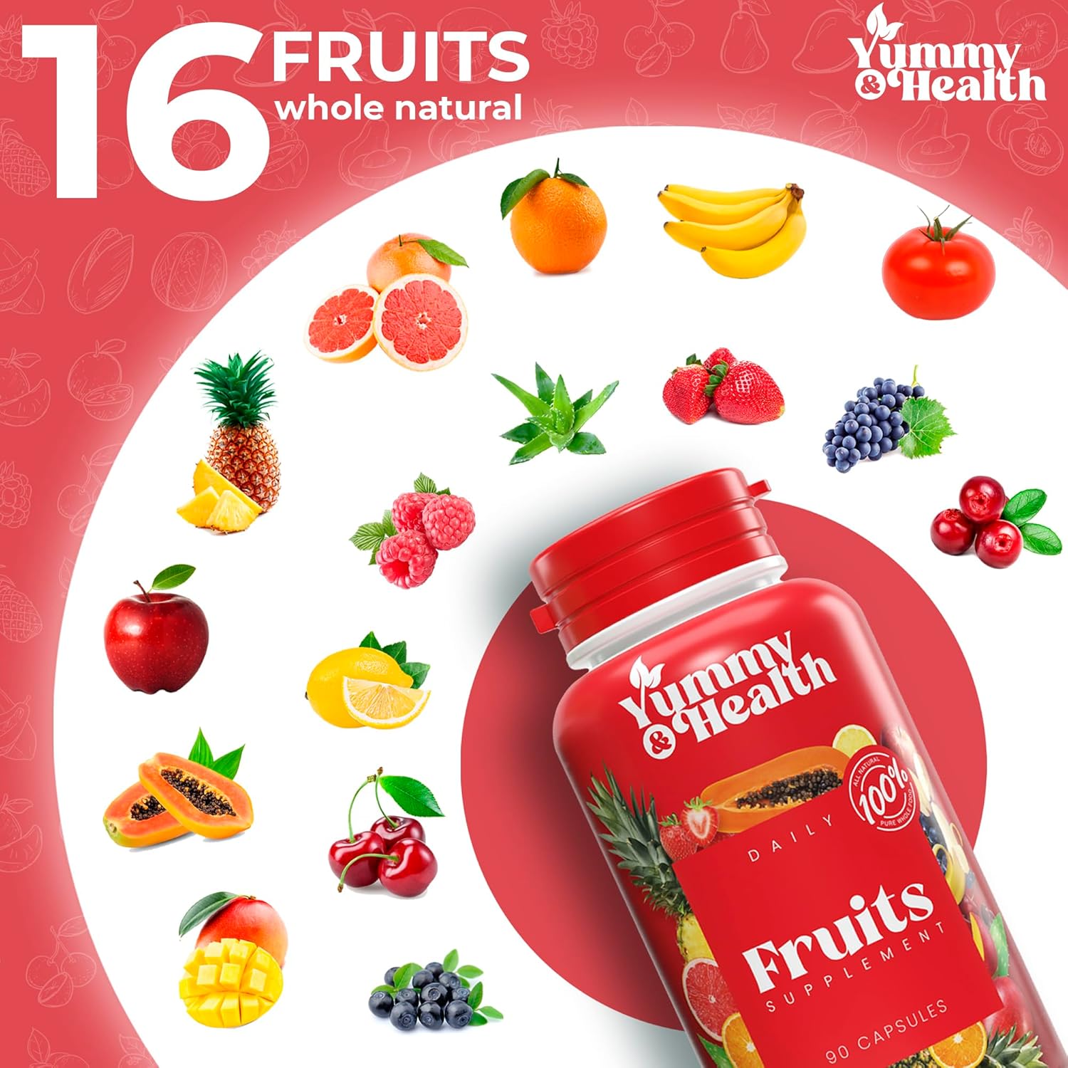 YUMMY & HEALTH Suplemento de frutas y verduras, hecho con superalimentos, 90 cápsulas de frutas y 90 vegetales, fórmula de bienestar para apoyar el